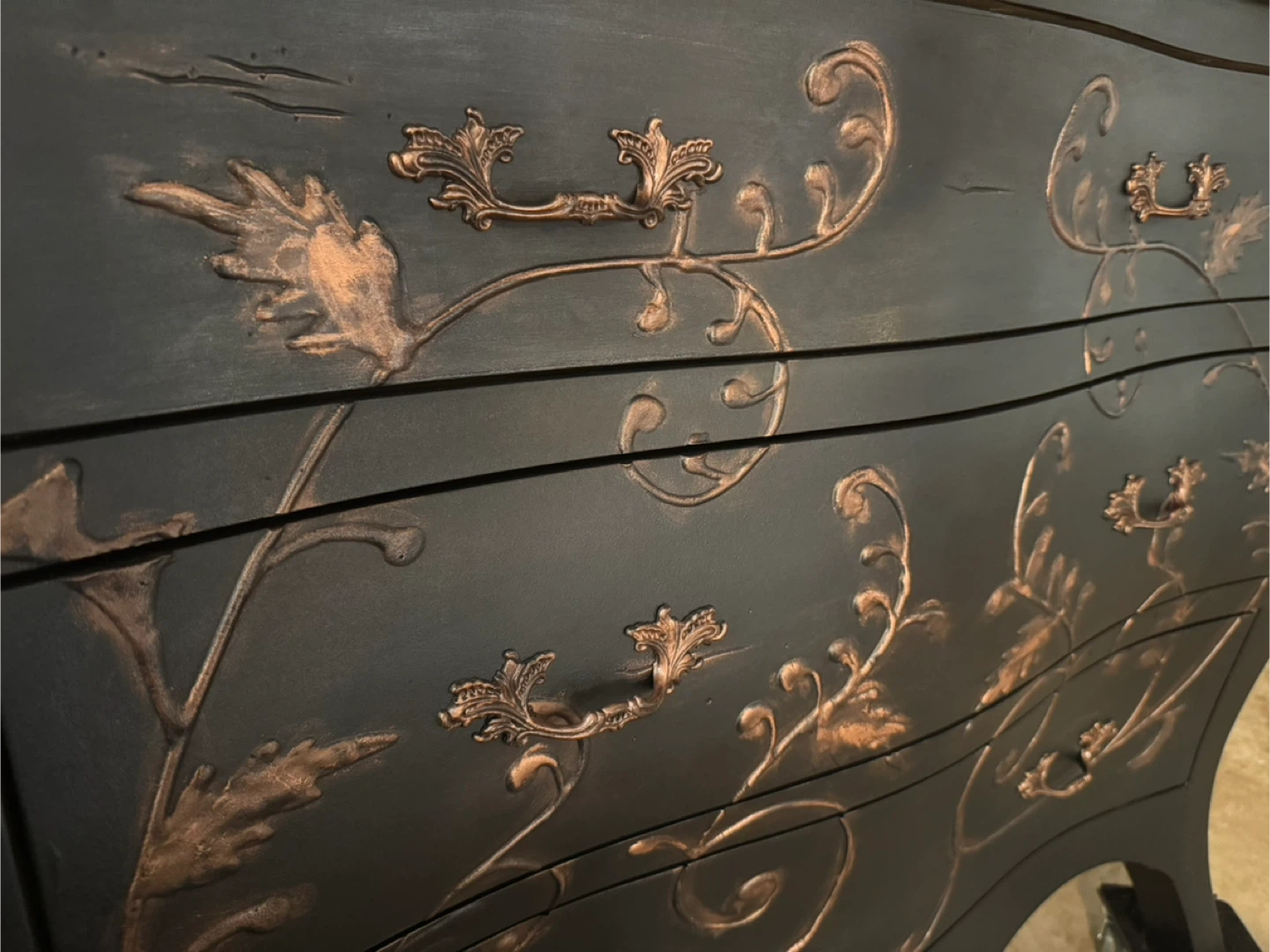 Refinished three drawer dresser: black with copper detailing - photo 2