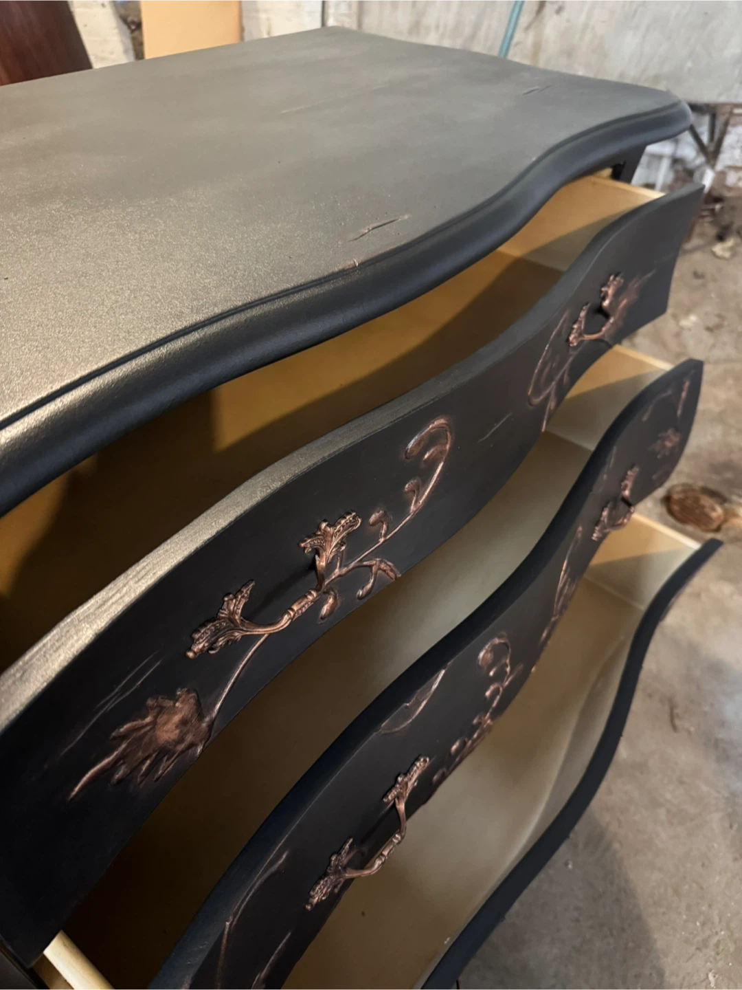 Refinished three drawer dresser: black with copper detailing - photo 4