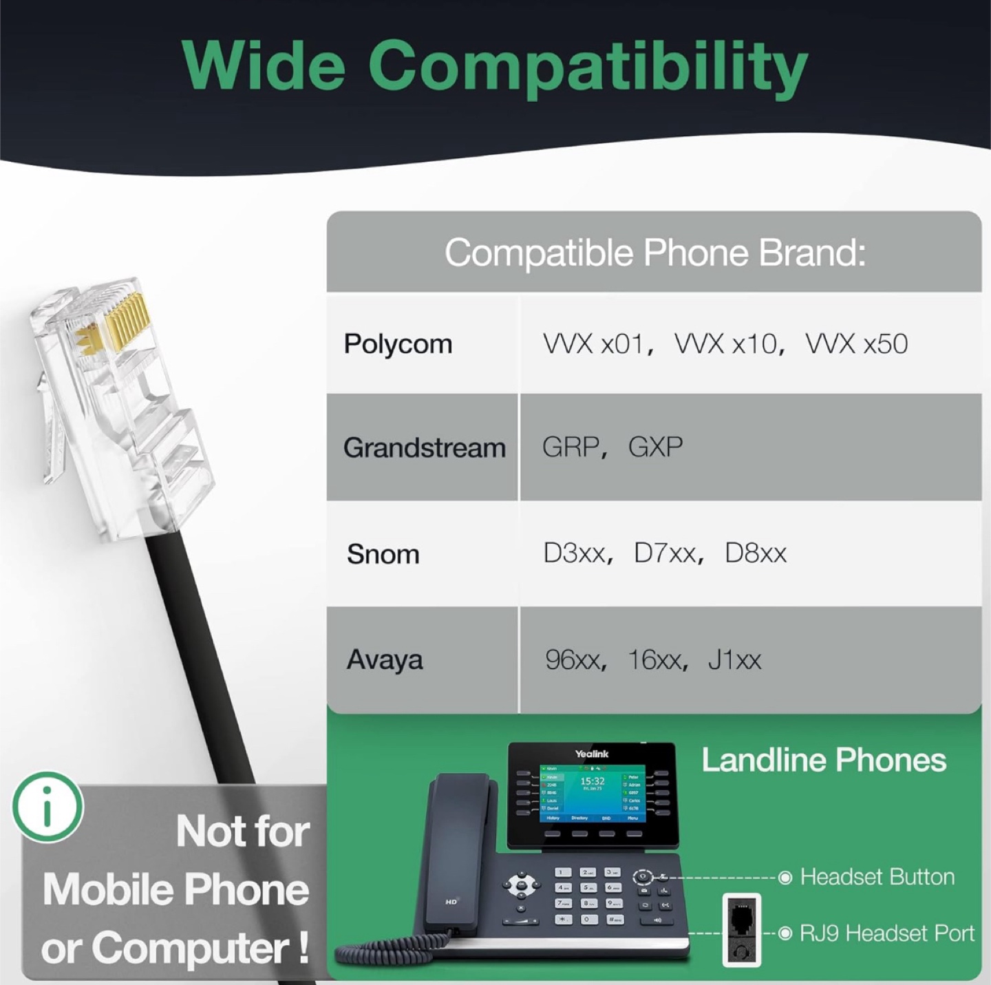 Phone Headsets for Office Lite QD to RJ9 Wired Headse - photo 3