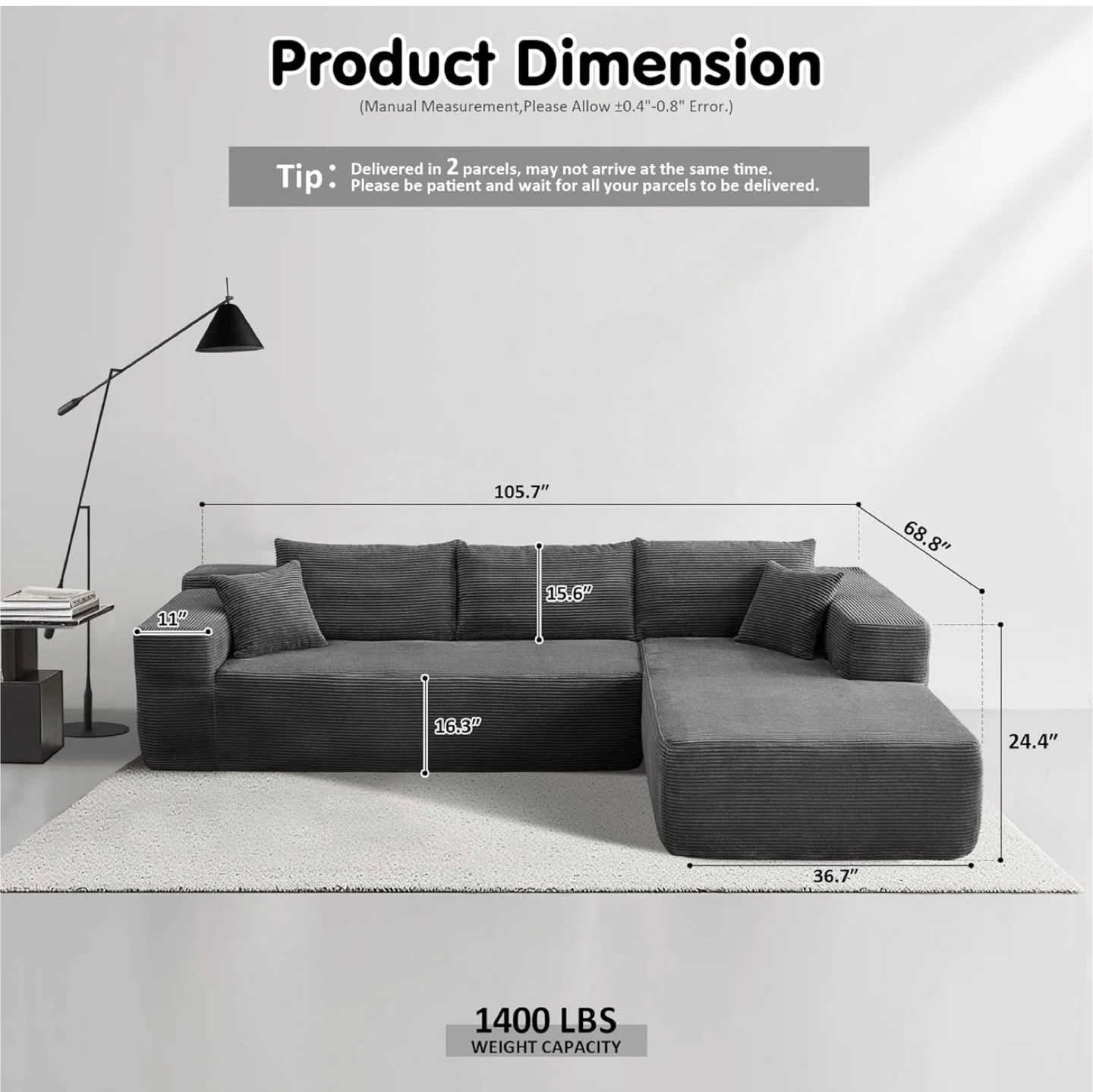 Corduroy Sectional Sofa - Gray - photo 3
