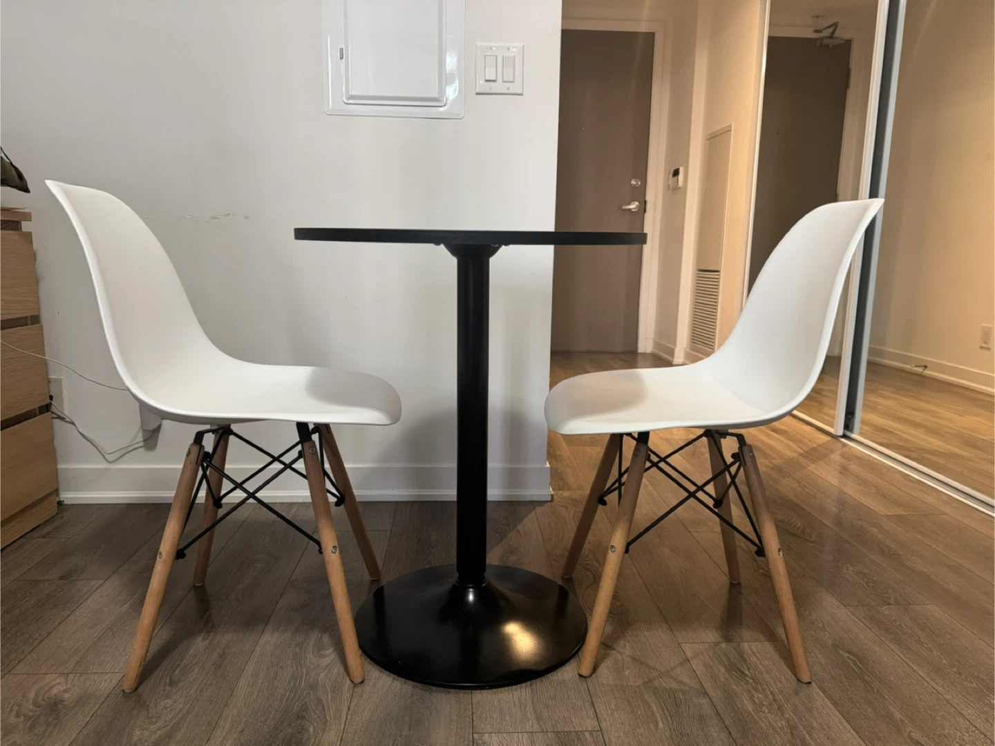 Round Pub Table with 2 White Chairs