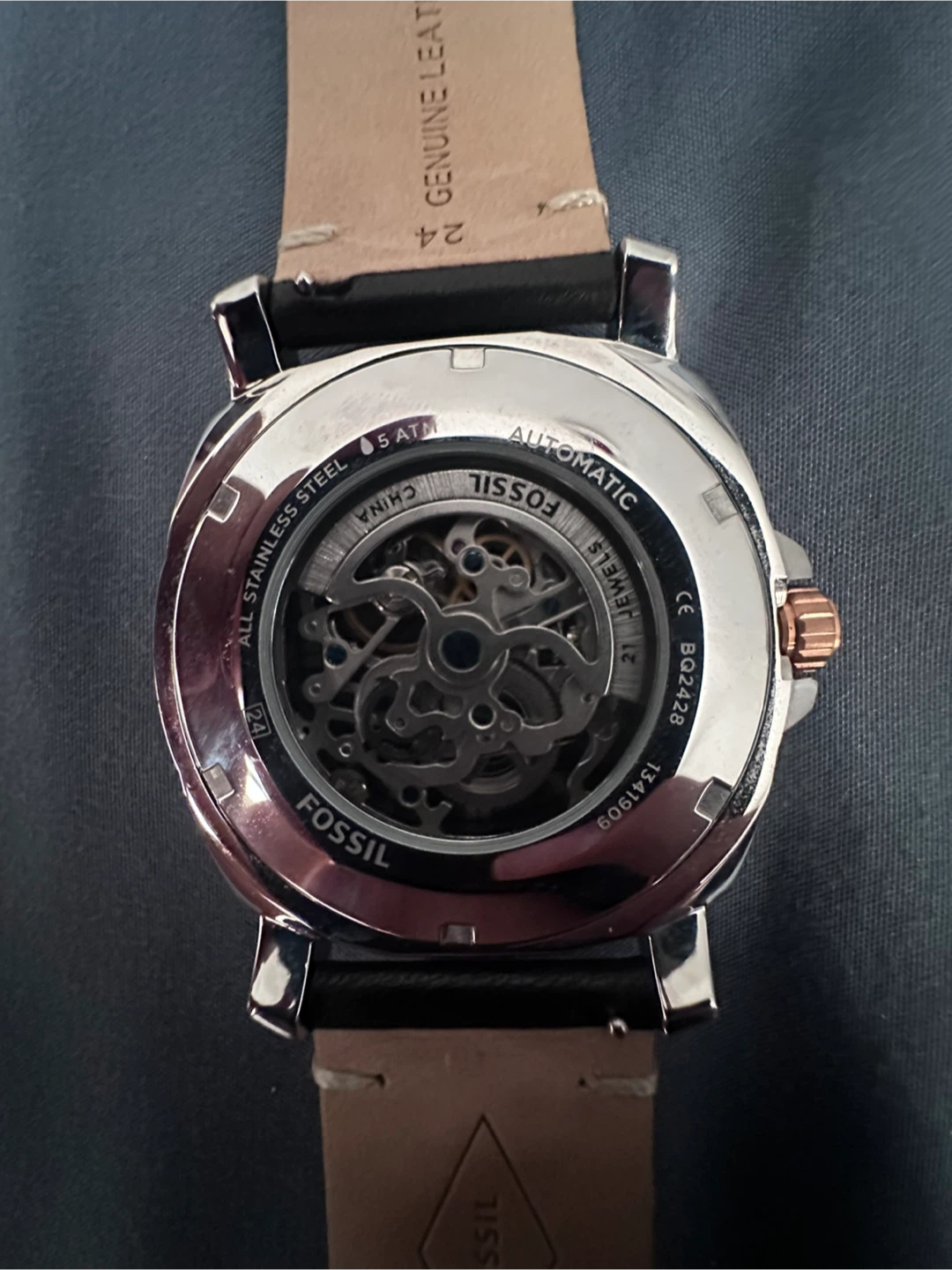 Fossil Automatic Skeleton Dial Black Leather Watch - photo 2