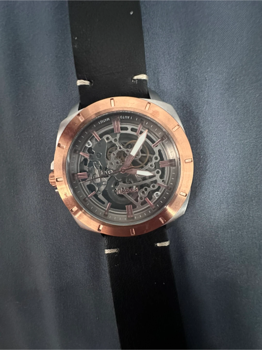 Fossil Automatic Skeleton Dial Black Leather Watch