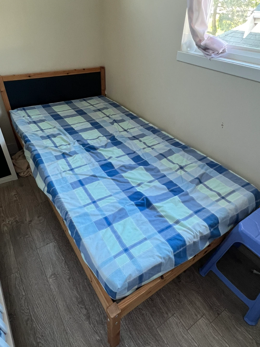 Single Bed Frame with Blue Plaid Mattress