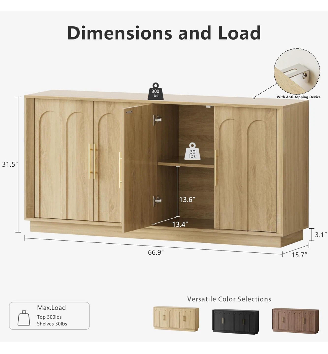 Light Oak Wood 4-Door Buffet Cabinet or TV Stand - photo 4
