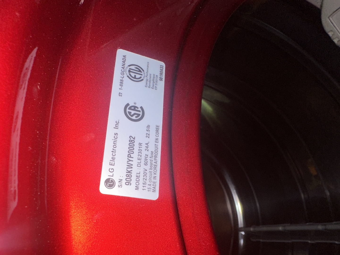 LG Sensor Dry DLE2301R Red Dryer - photo 2