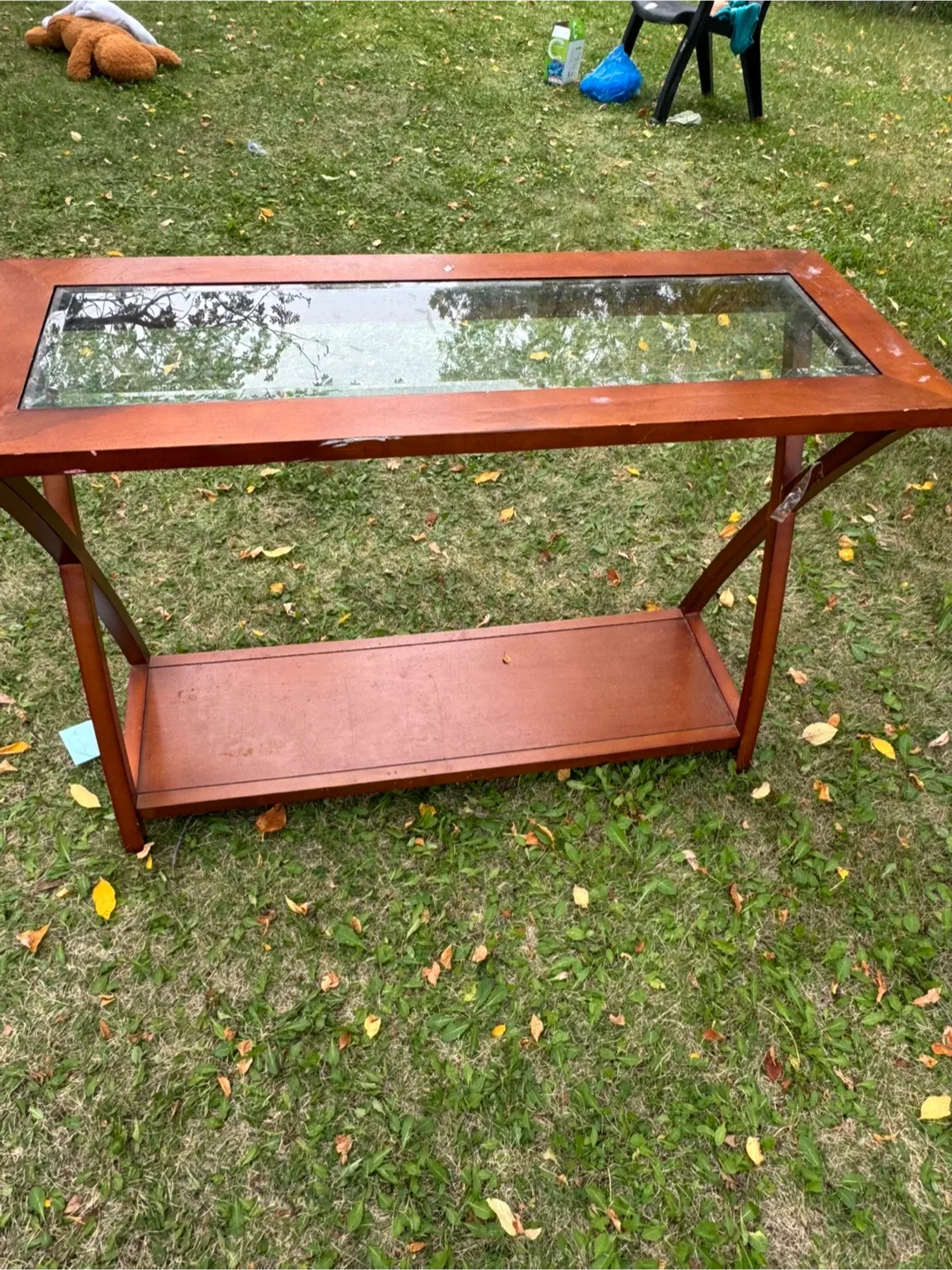 Brown Wooden Console Table with Glass Top