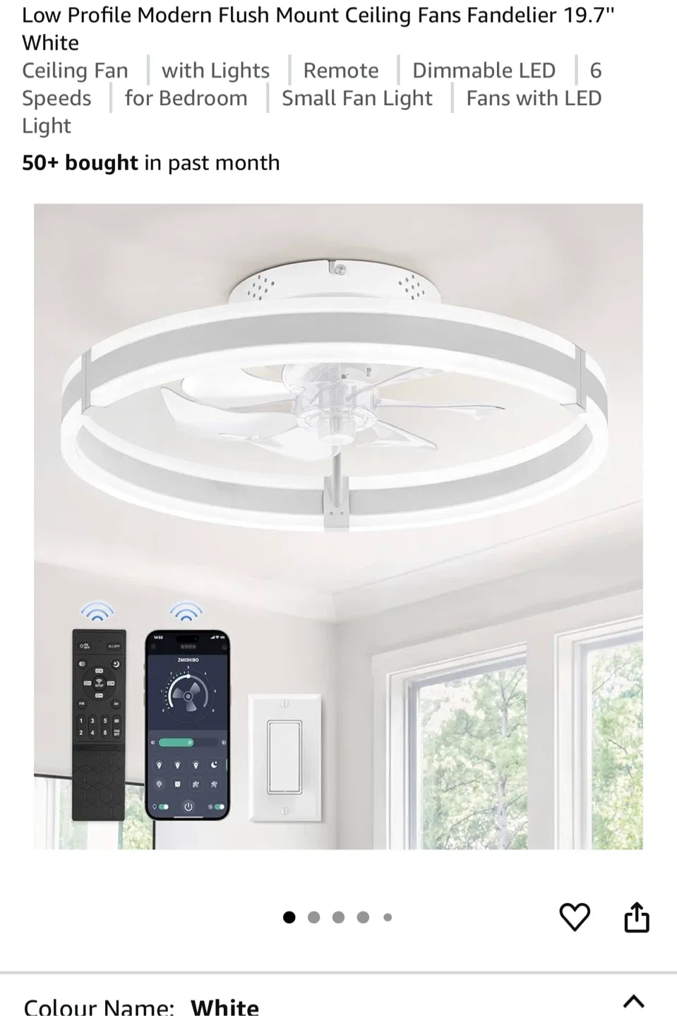 ZMISIBO Low Profile Modern Ceiling Fan 19.7" White thumbnail