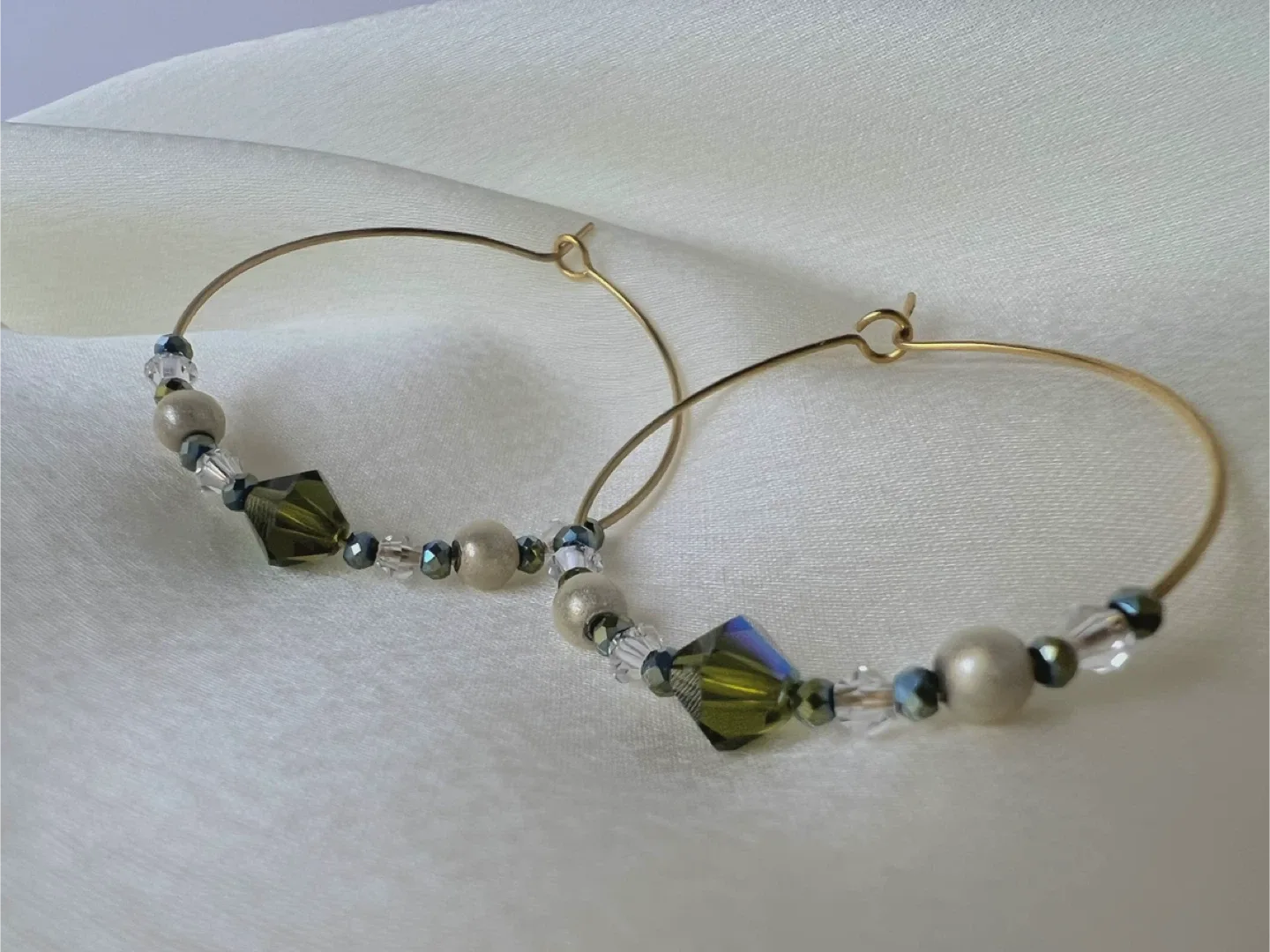 Handmade Hoop Earrings with Olive Green Crystals image indicator(3)