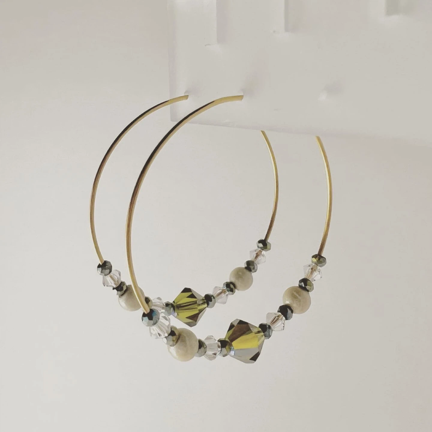 Handmade Hoop Earrings with Olive Green Crystals - photo 2
