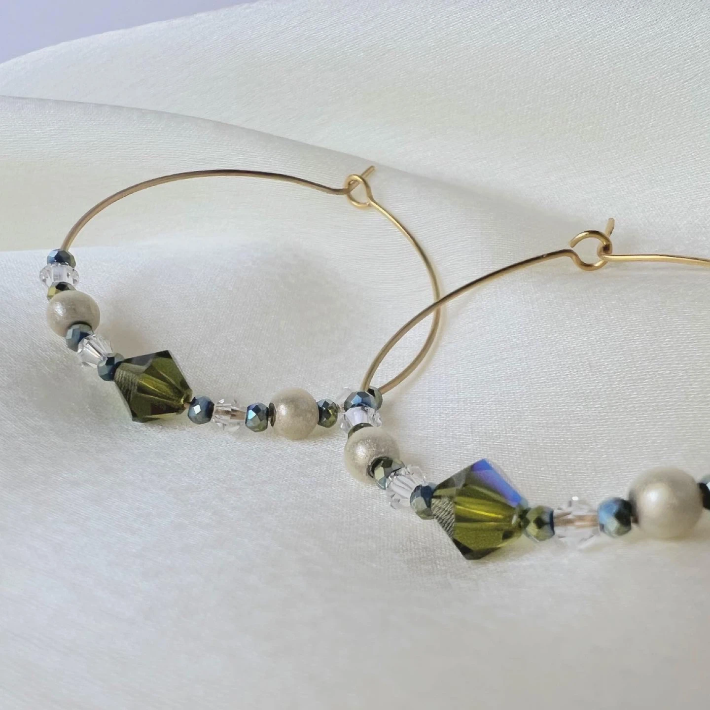 Handmade Hoop Earrings with Olive Green Crystals