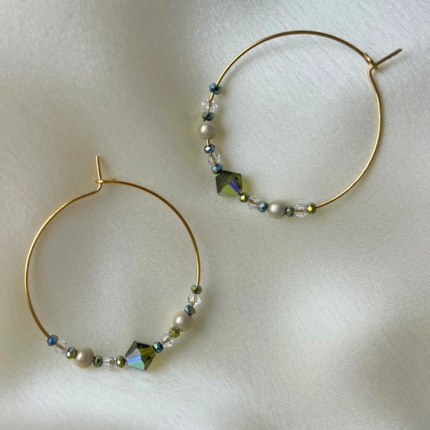 Handmade Hoop Earrings with Olive Green Crystals image indicator(4)