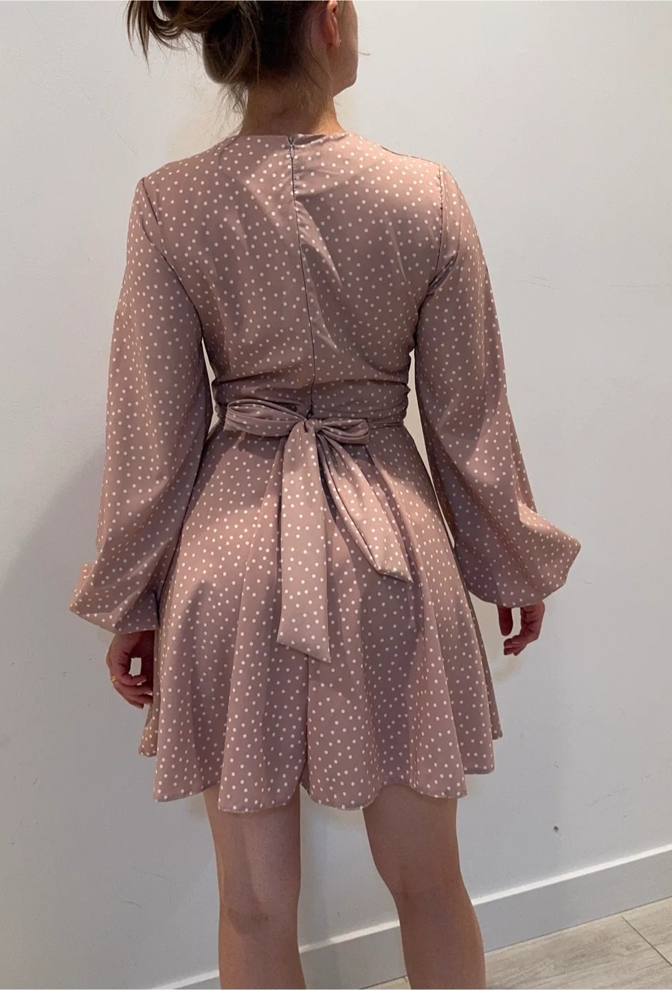Polka Dot Beige Long Sleeve Mini Dress thumbnail