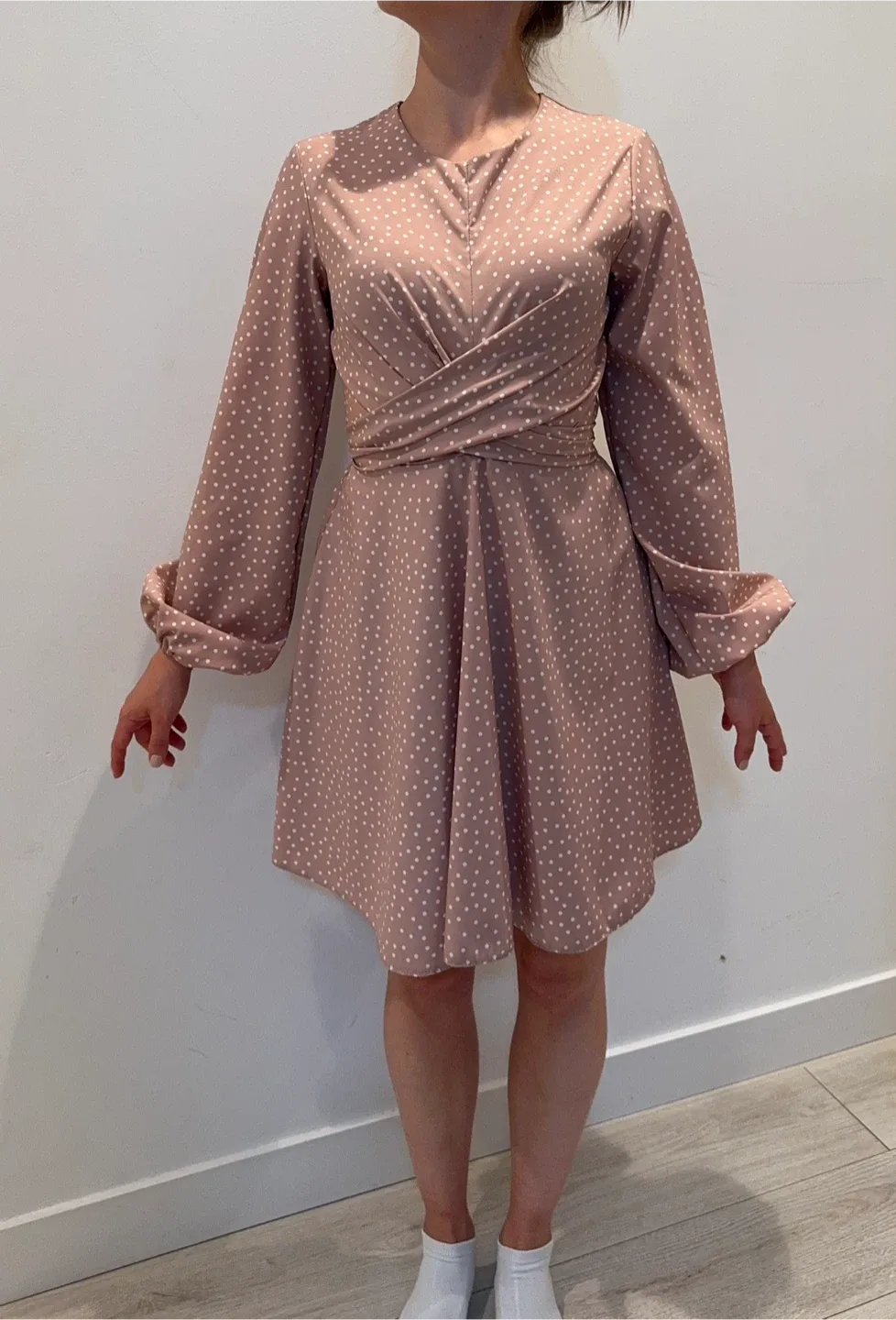 Polka Dot Beige Long Sleeve Mini Dress image indicator(2)