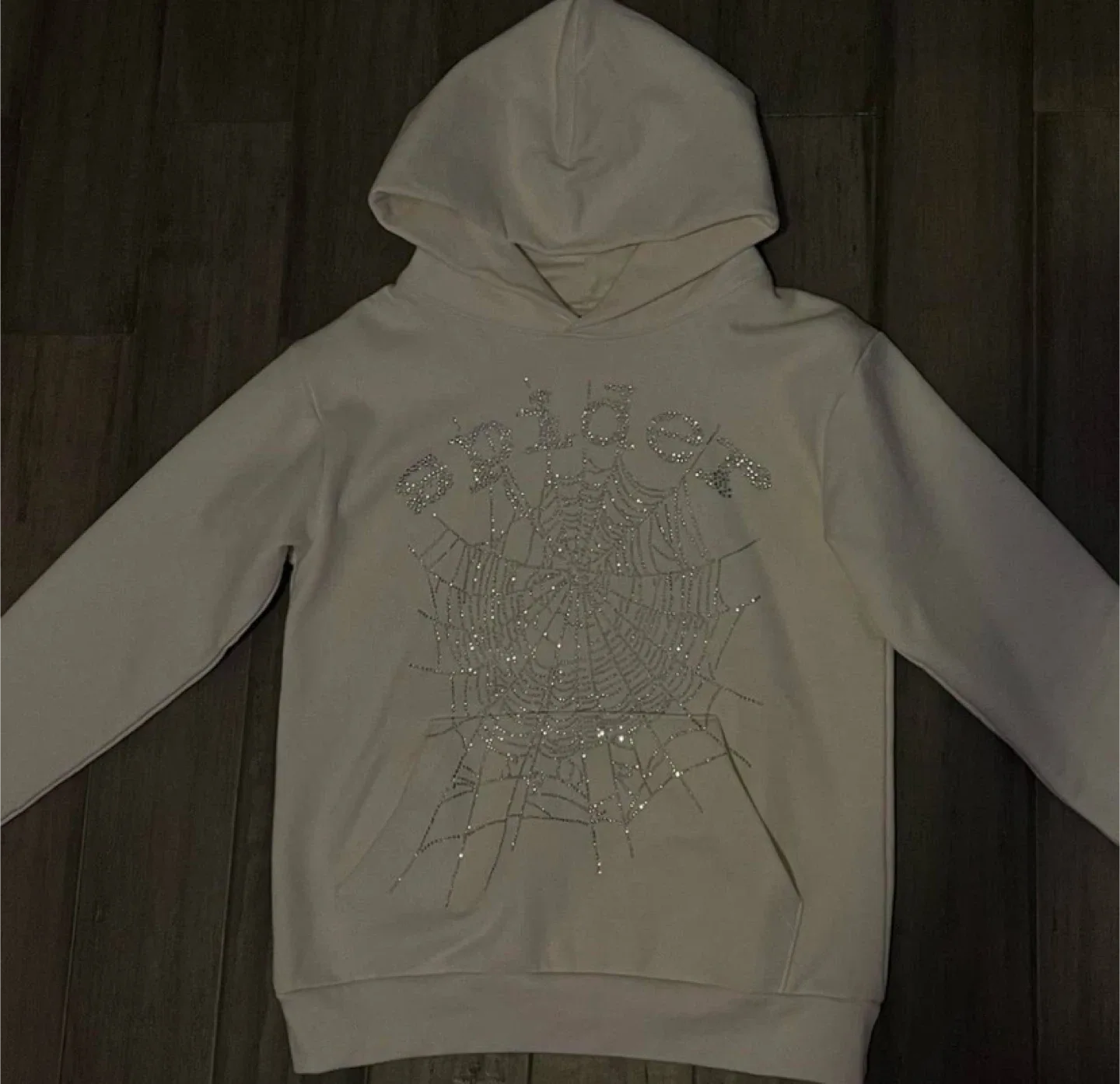 Sp5der Worldwide White Rhinestone Web Hoodie image indicator(3)