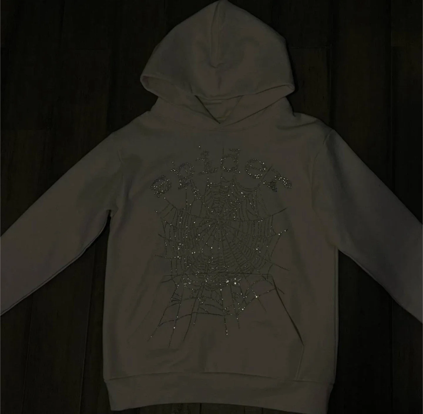 Sp5der Worldwide White Rhinestone Web Hoodie image indicator(4)