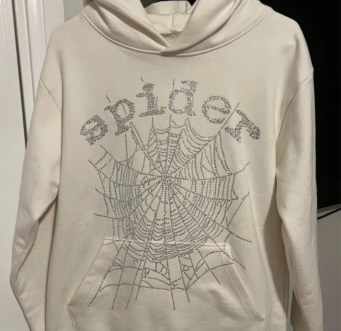 Sp5der Worldwide White Rhinestone Web Hoodie thumbnail