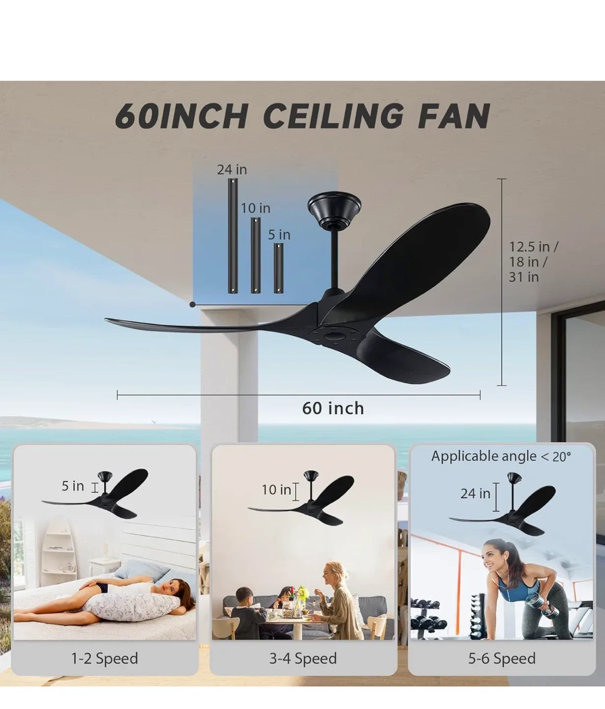 60 Inch Black Ceiling Fan with Remote image indicator(7)