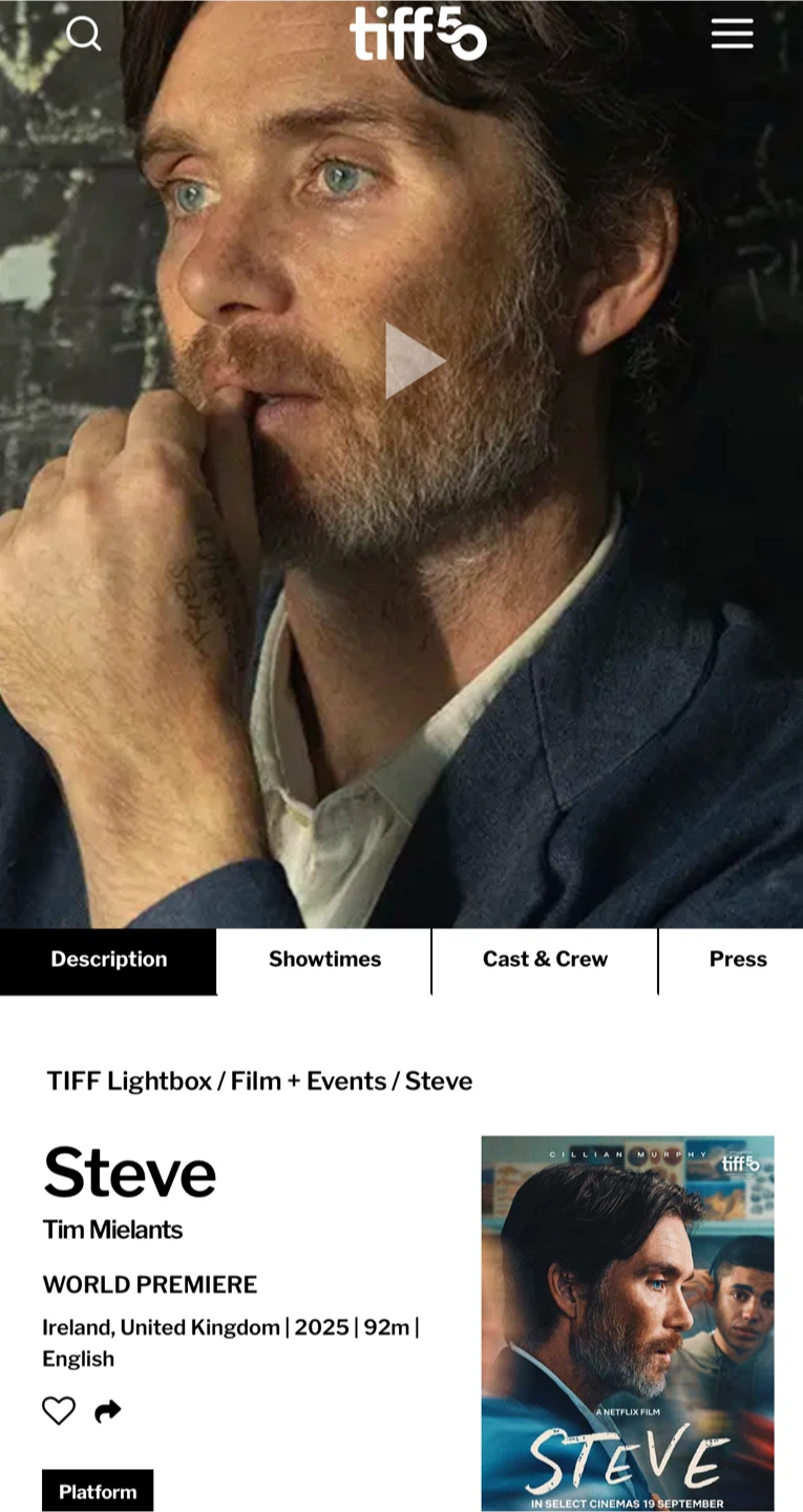 TIFF movie STEVE w/ Cillian Murphy on Tuesday, Sep 9th at 1245pm