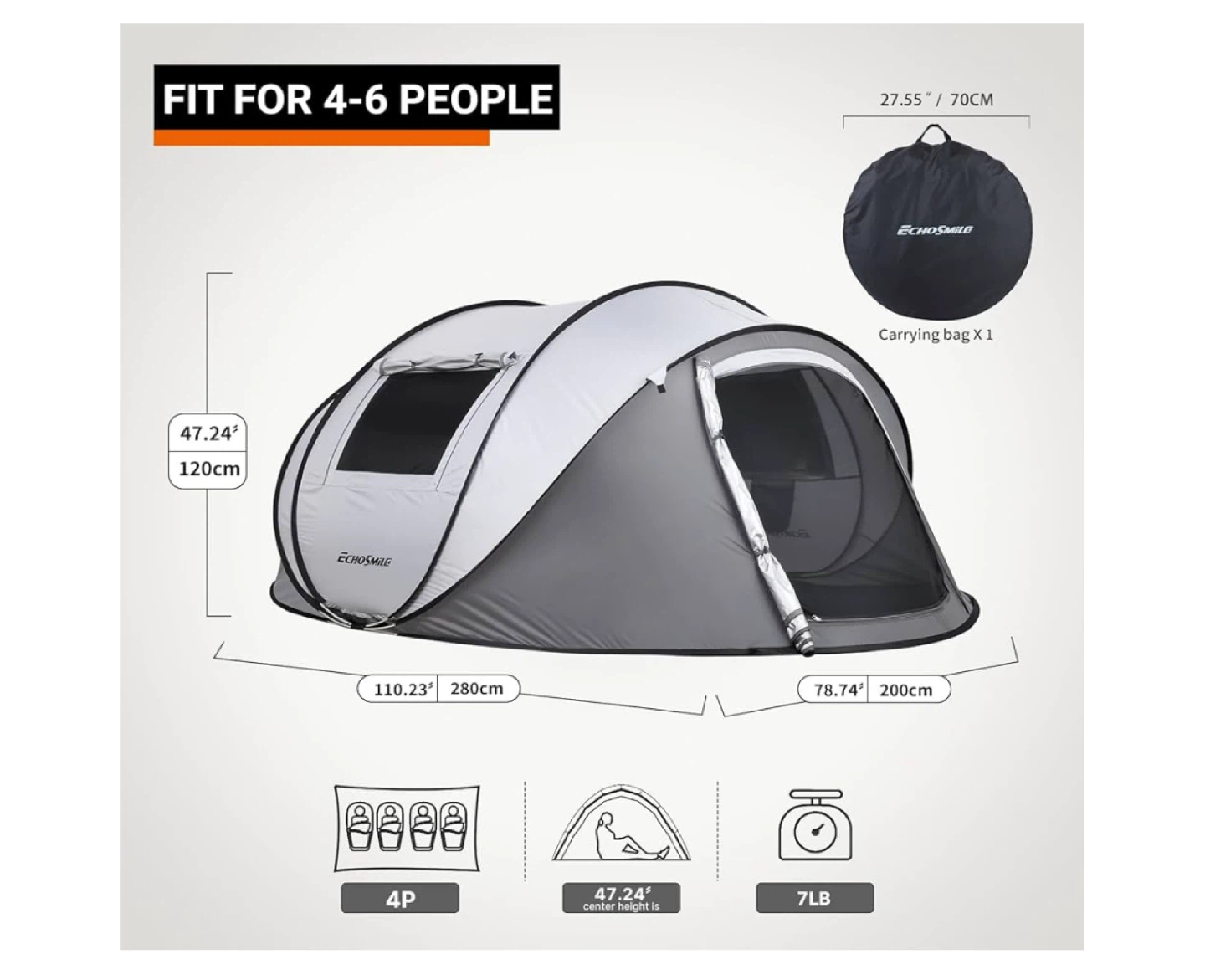 Echosmile 4-6 Person Pop Up Tent - Grey/White - photo 2