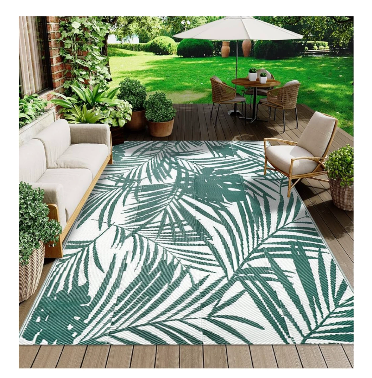 Patio Rugs 8x10 Plastic Tropical Outdoor Carpet Green - photo 2