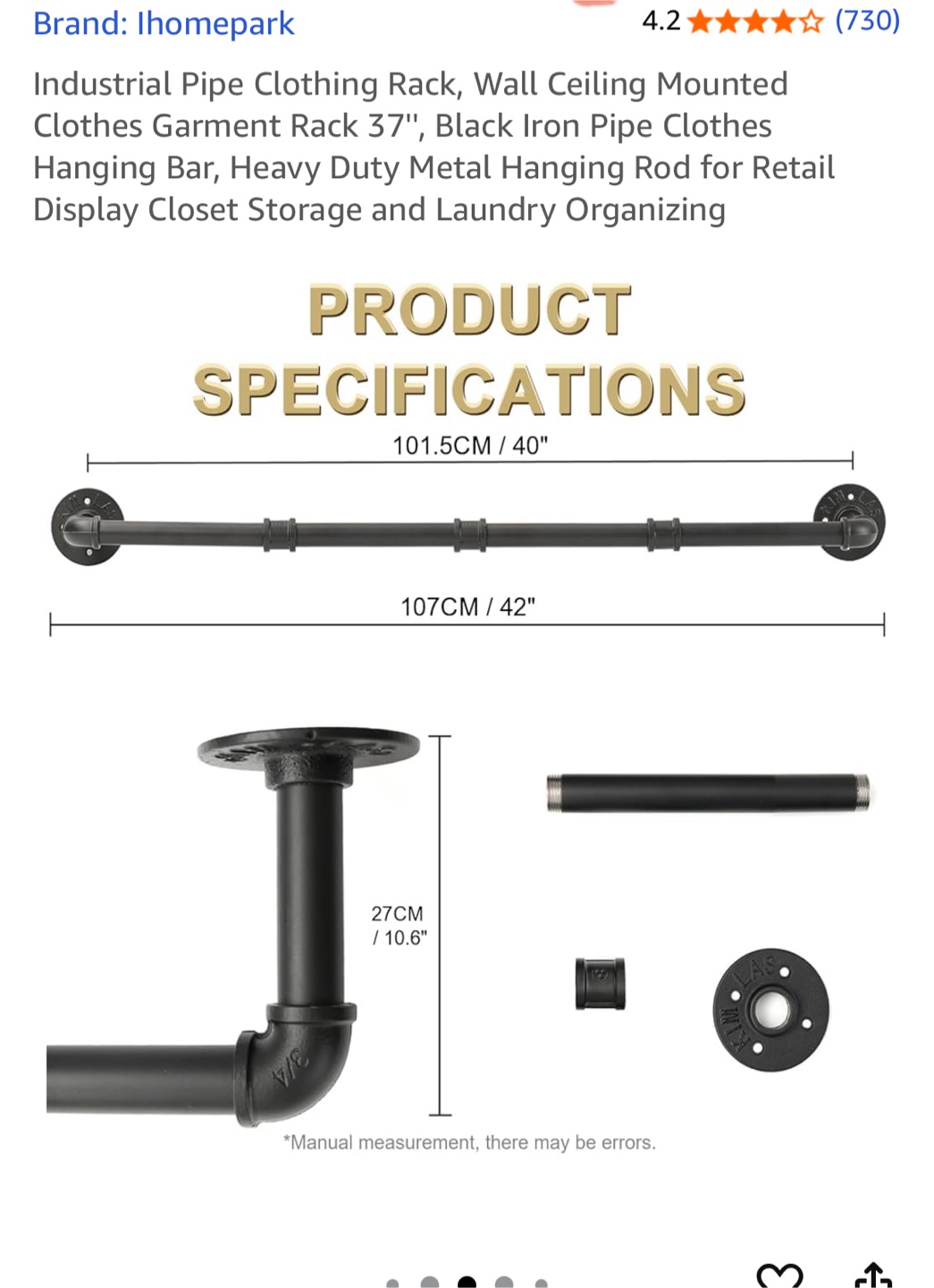 Industrial Pipe Clothing Rack, Black 42" - photo 3
