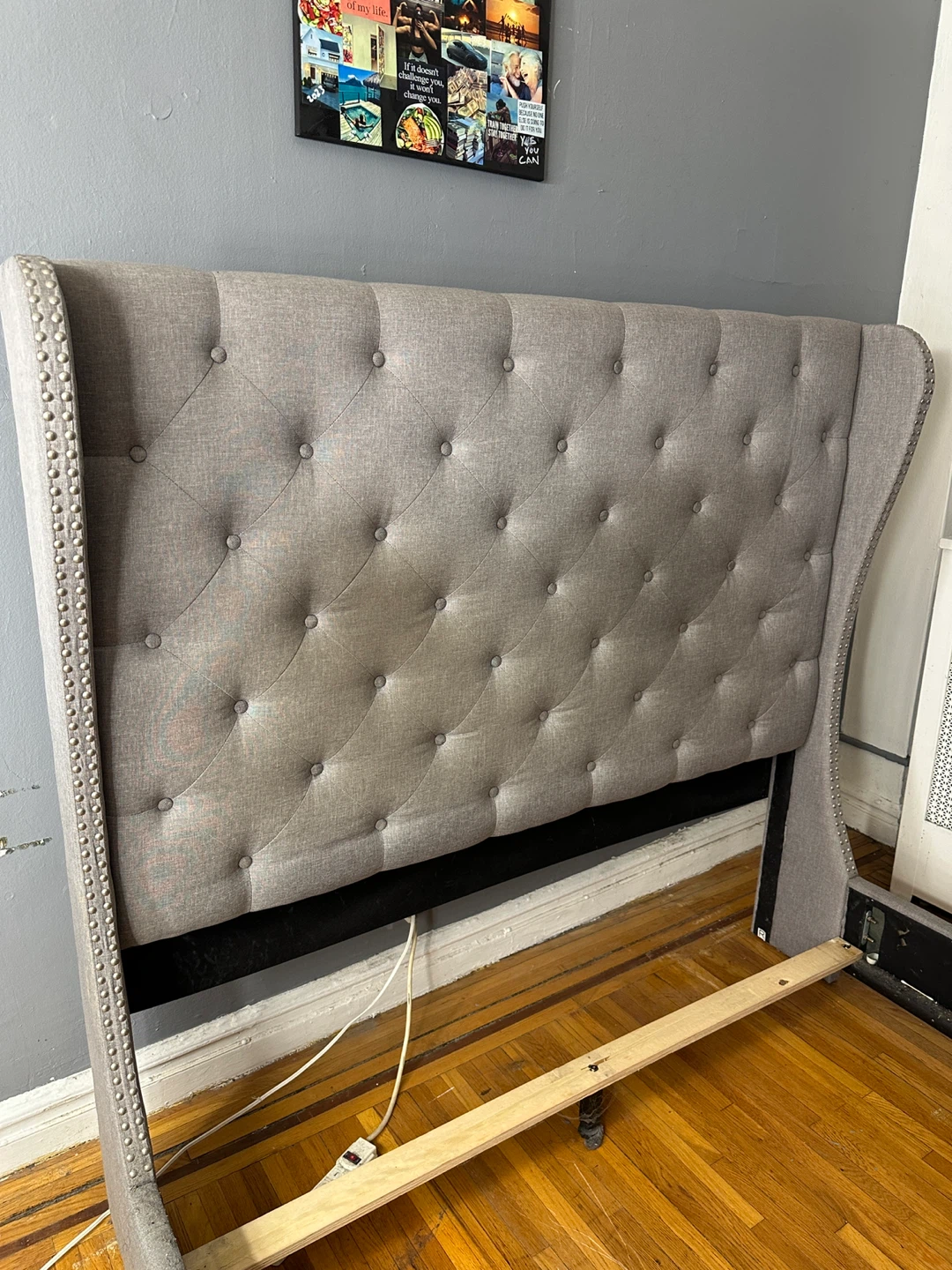 Queen Upholstered Tufted Wingback Headboard Bed Frame - Gray - photo 2