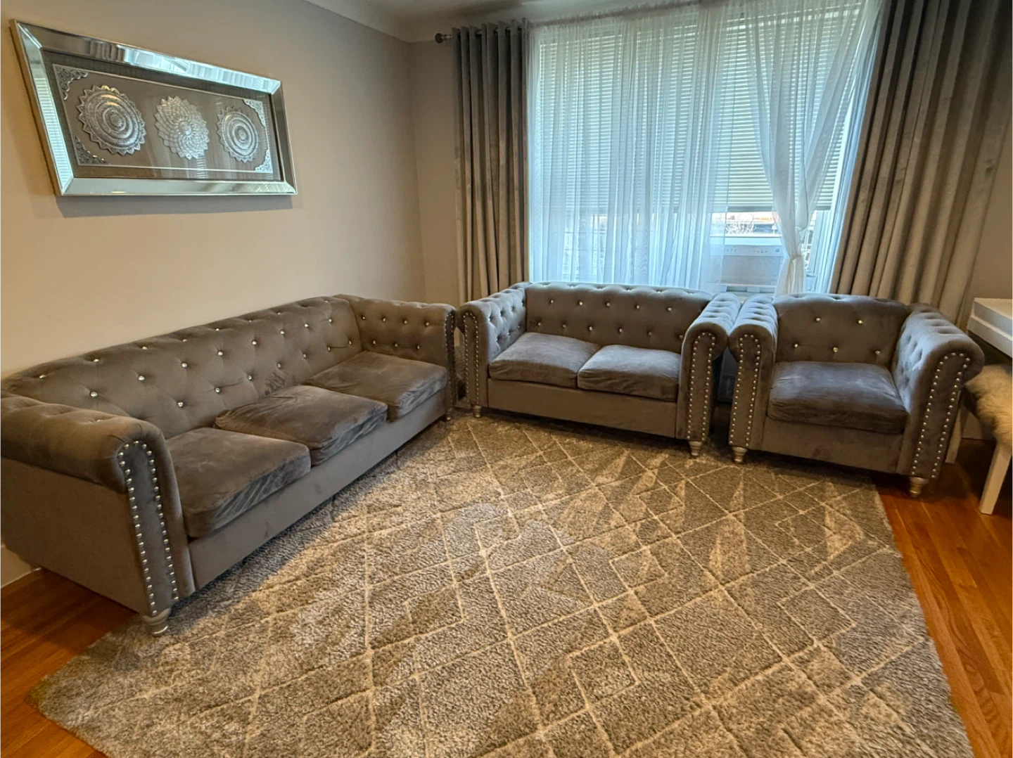 Gray Velvet Chesterfield Sofa Set - photo 3