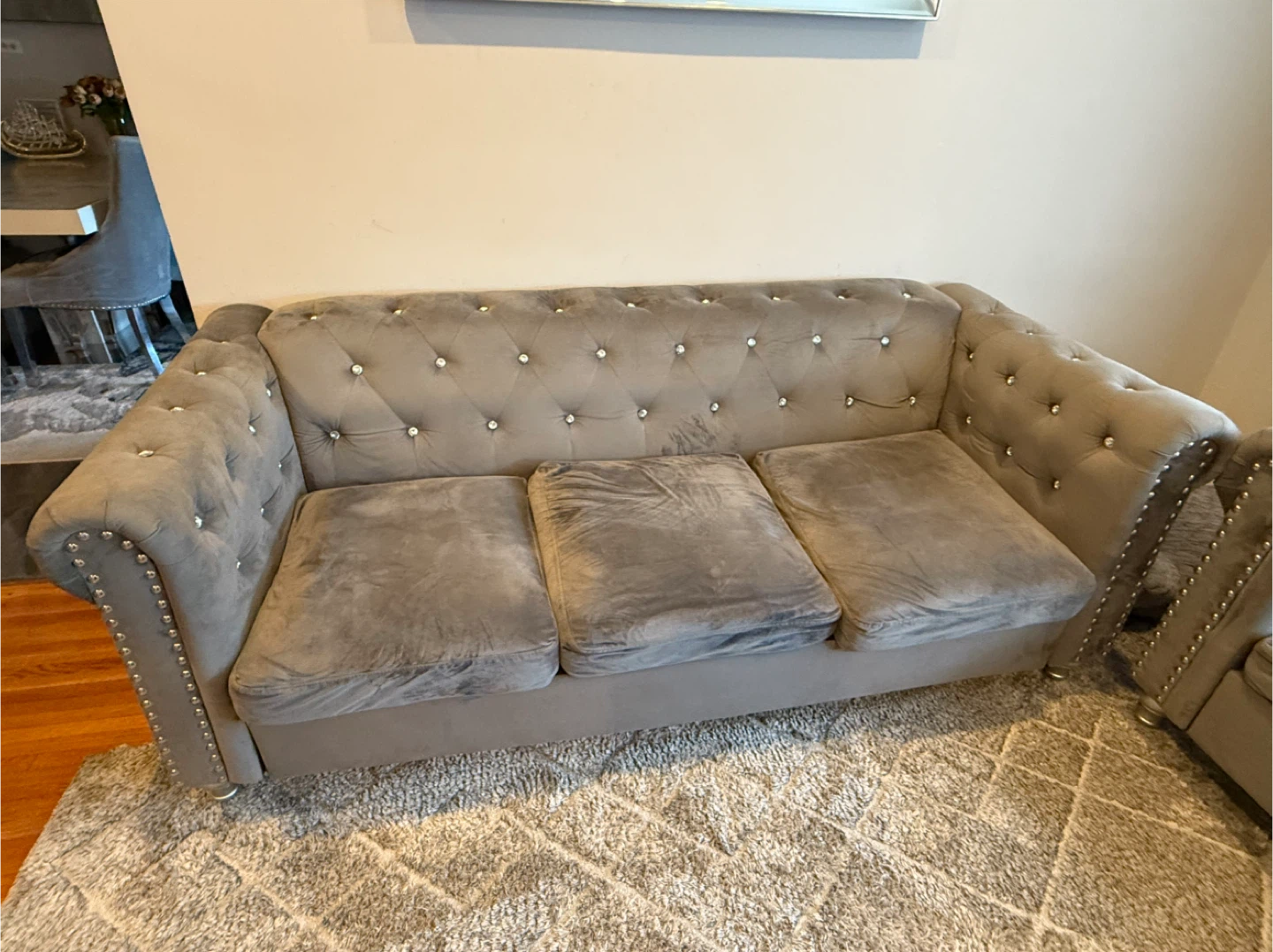 Gray Velvet Chesterfield Sofa Set - photo 4