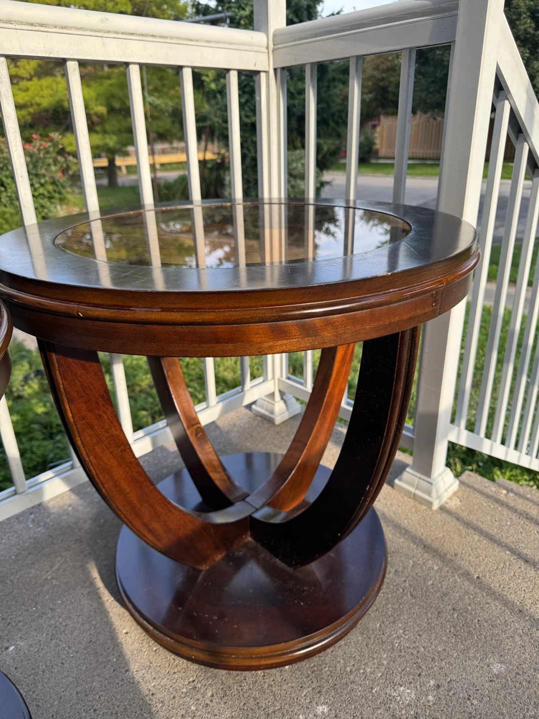 Set of 2 Brown Wood & Glass Round Side Tables