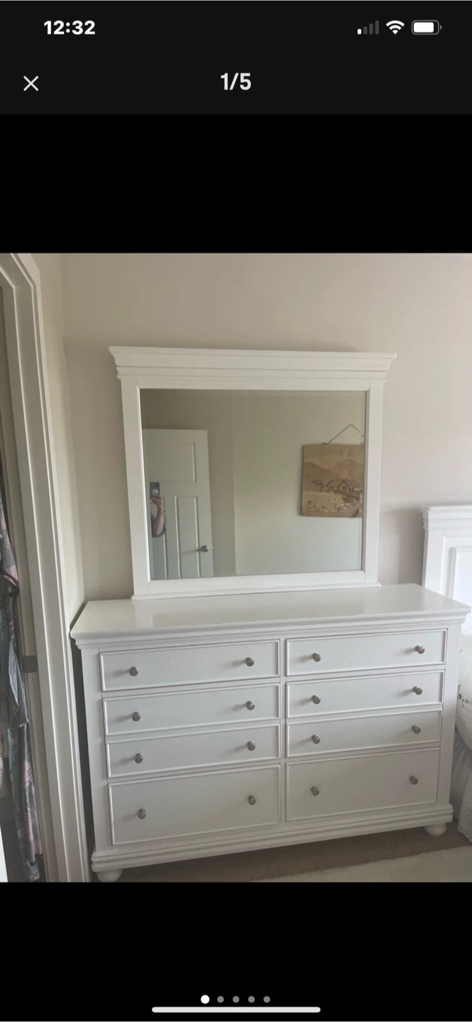 White Bedroom Set - Bed, Dresser, Nightstand, Mirror