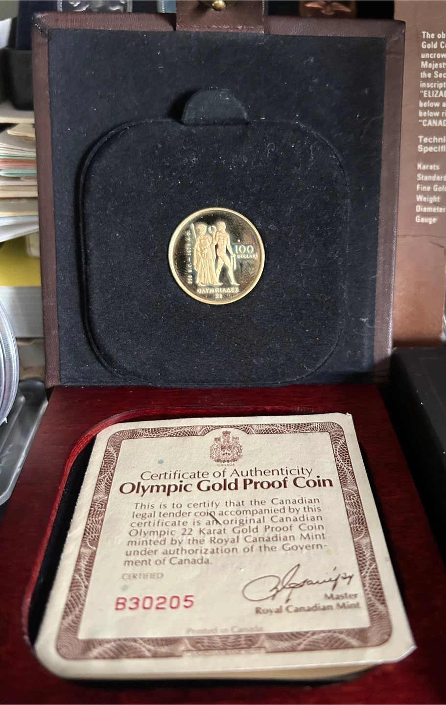 22k Gold Canadian Olympic Proof $100 Coin