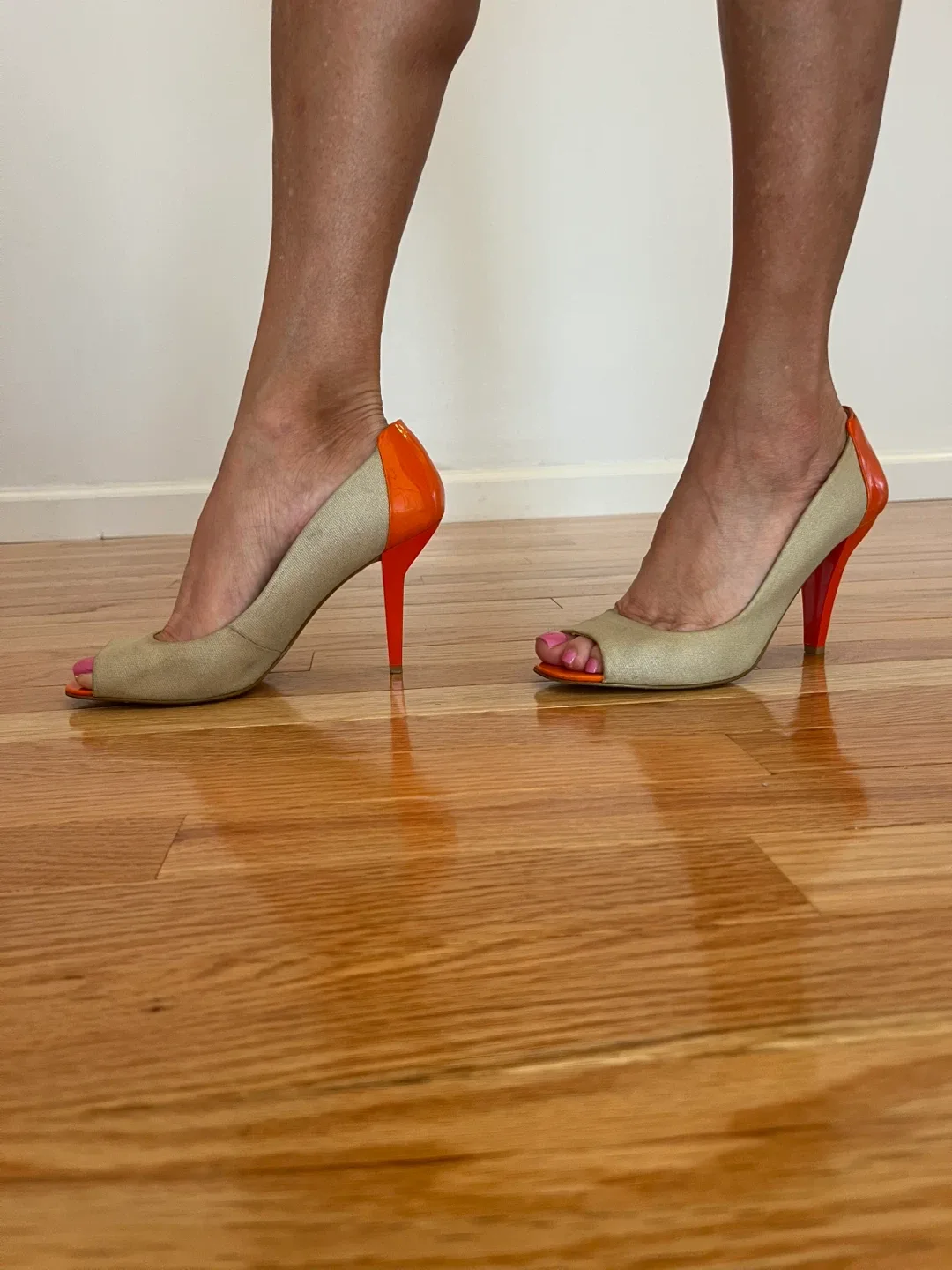 Beige & Orange Peep Toe Heels thumbnail