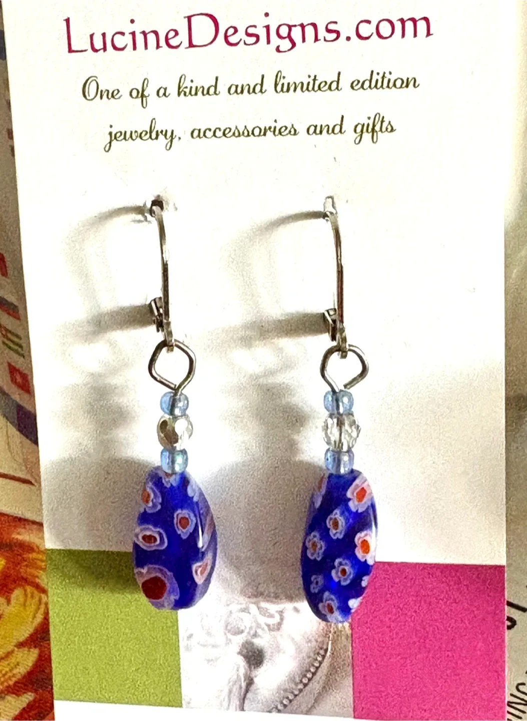 Lucine Designs Blue Millefiori Dangle Earrings image indicator(2)