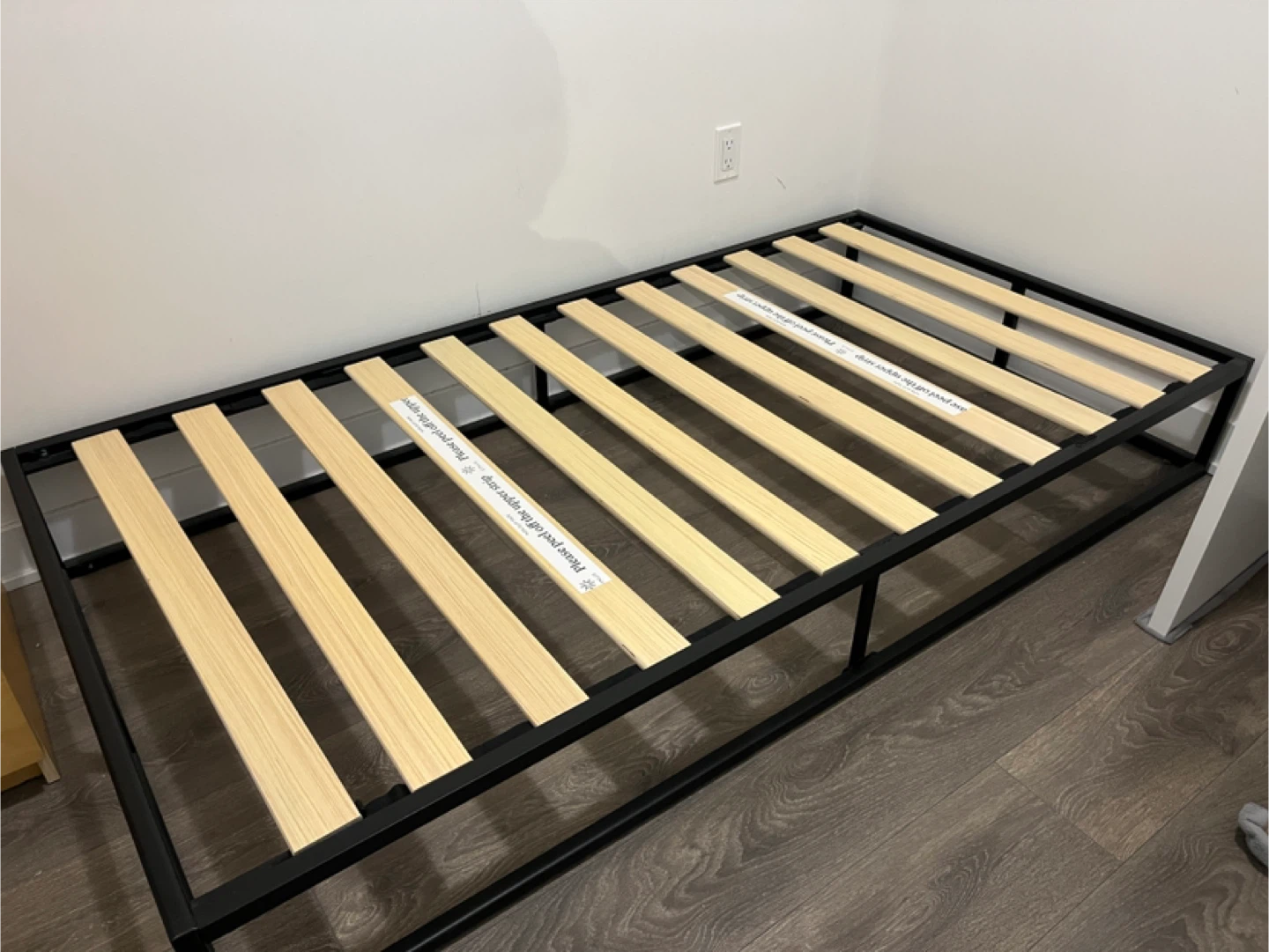 Black Metal Single Bed Frame with Wood Slats