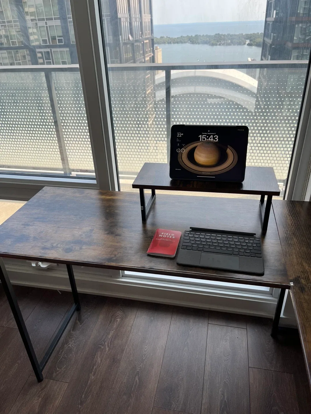 L-shaped Corner Desk - Brown Wood & Black