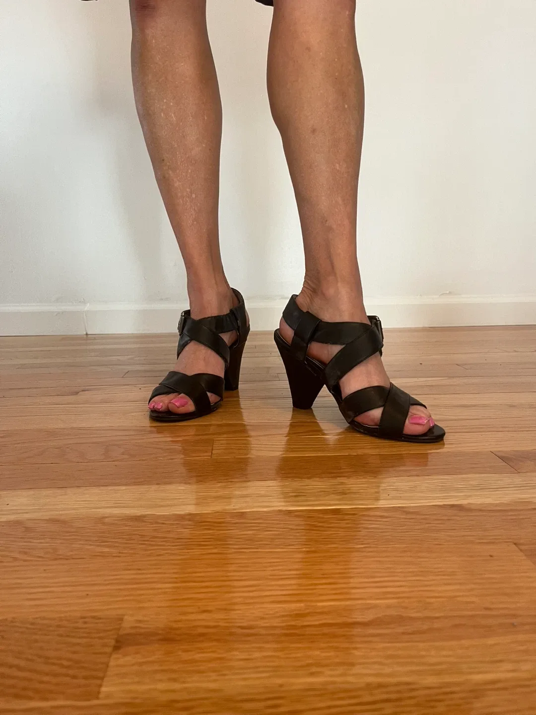 Black Leather Wedge Heel Sandals thumbnail