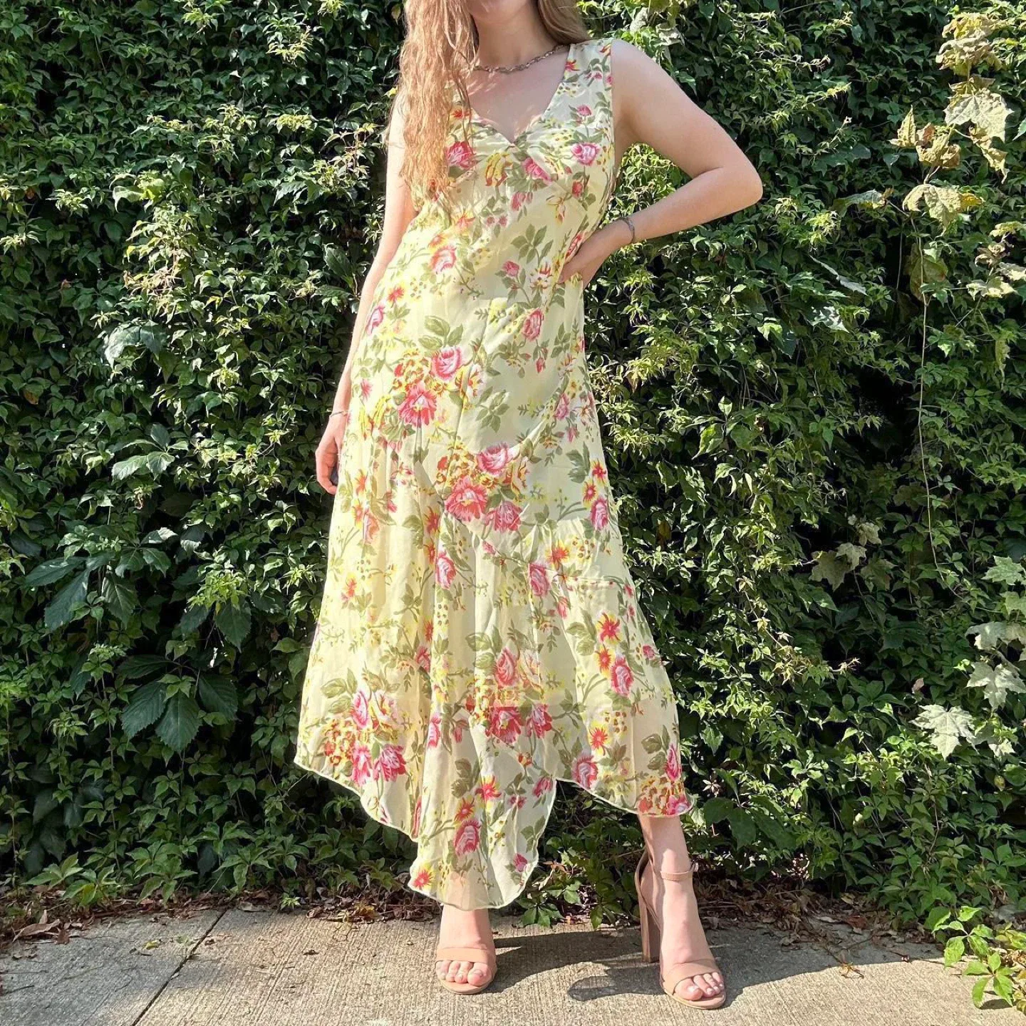Vintage yellow and pink floral maxi dress