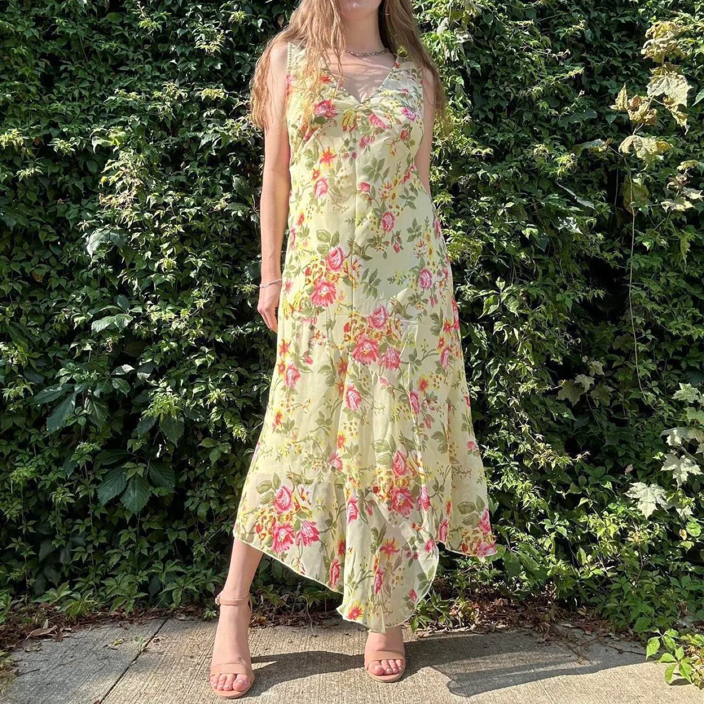 Vintage yellow and pink floral maxi dress image indicator(2)