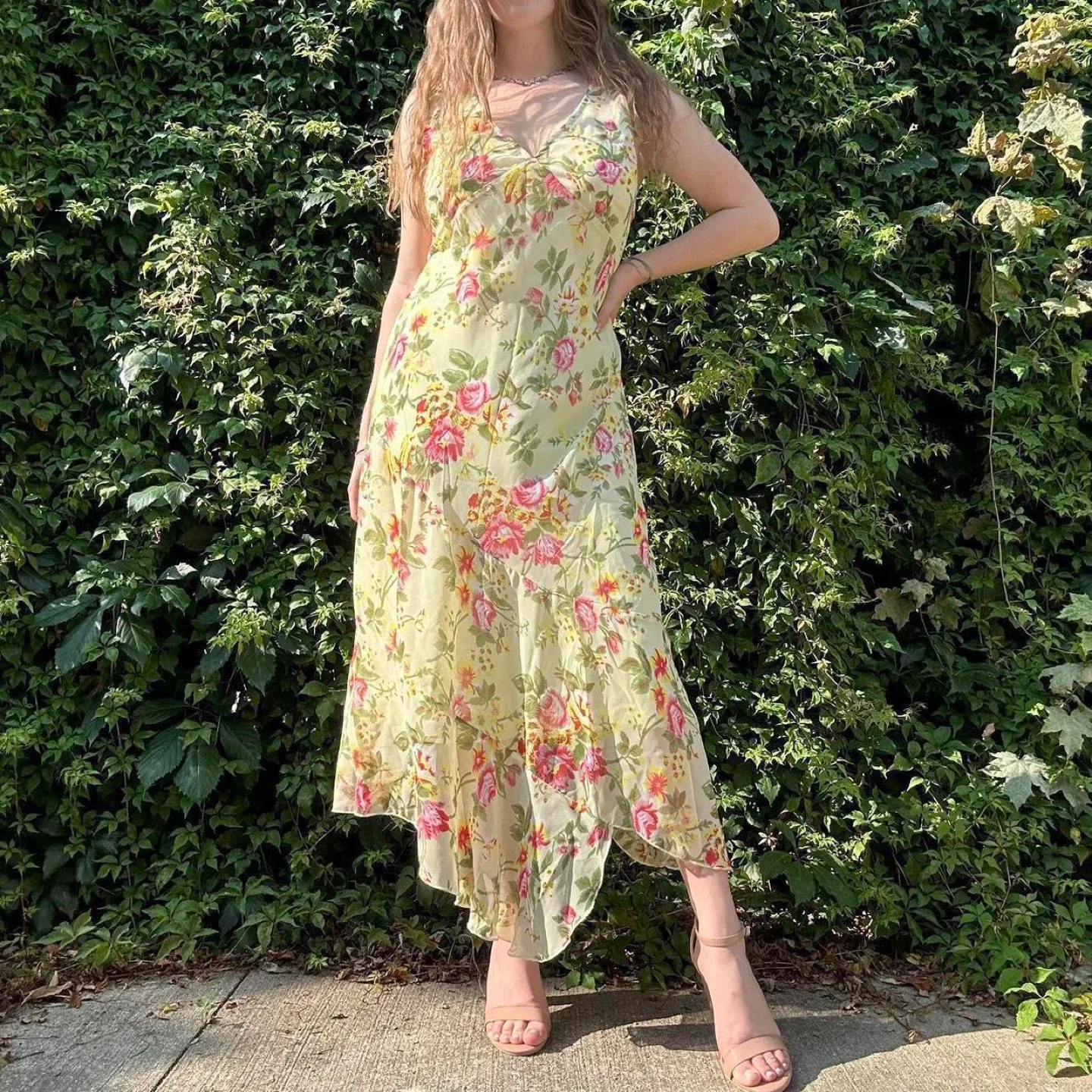 Vintage yellow and pink floral maxi dress image indicator(5)