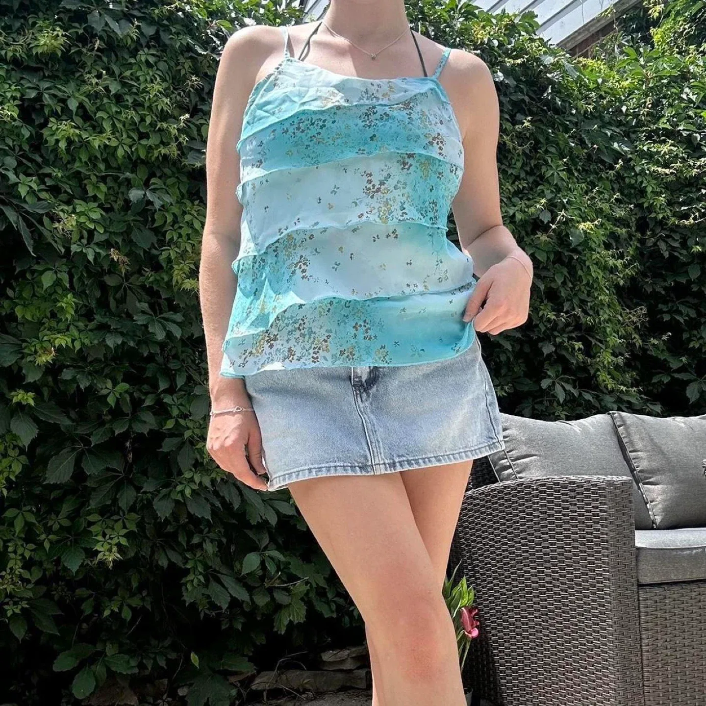 Cute blue and white ruffled cami top