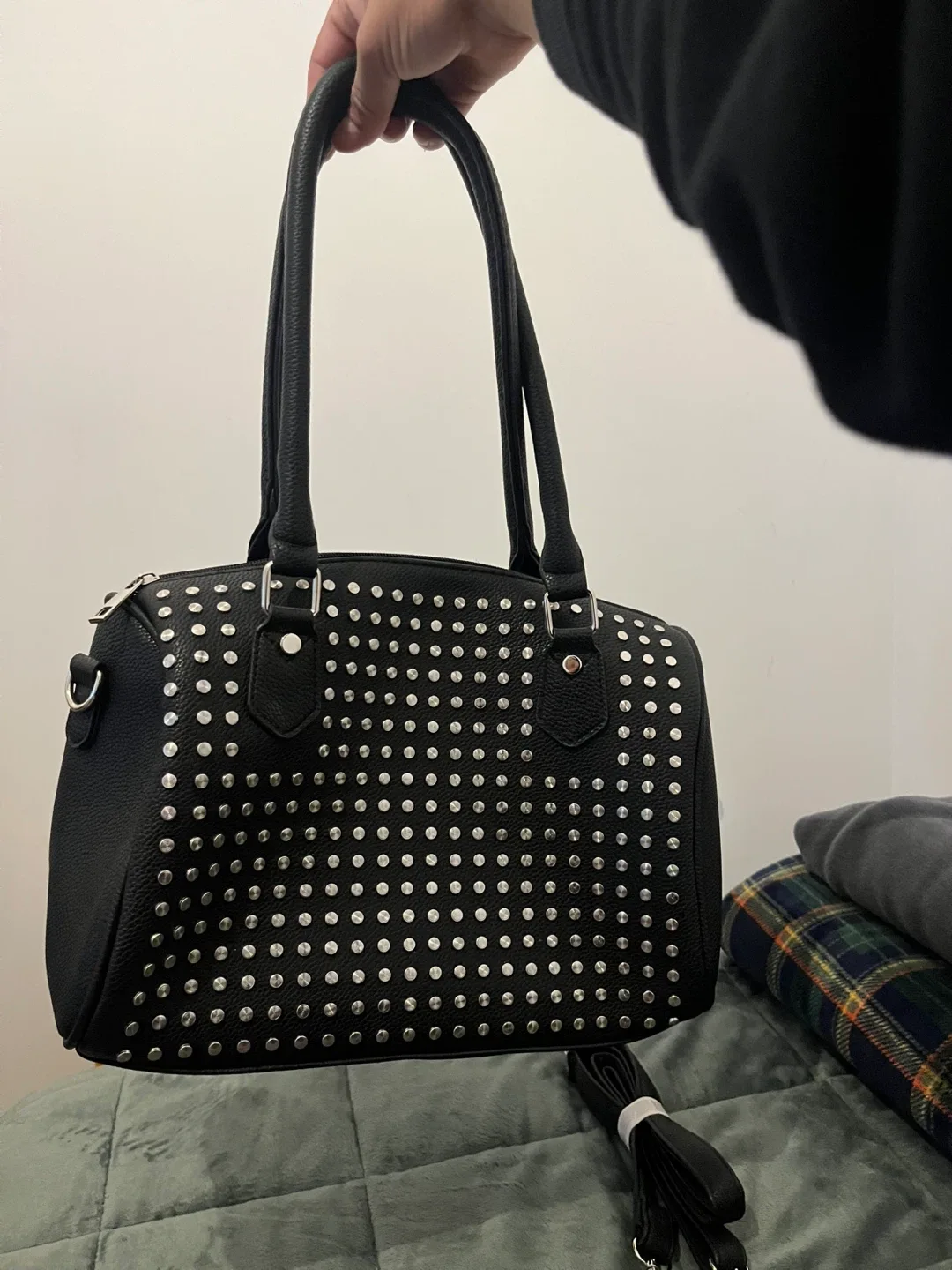 Black Studded Handbag with Shoulder Strap