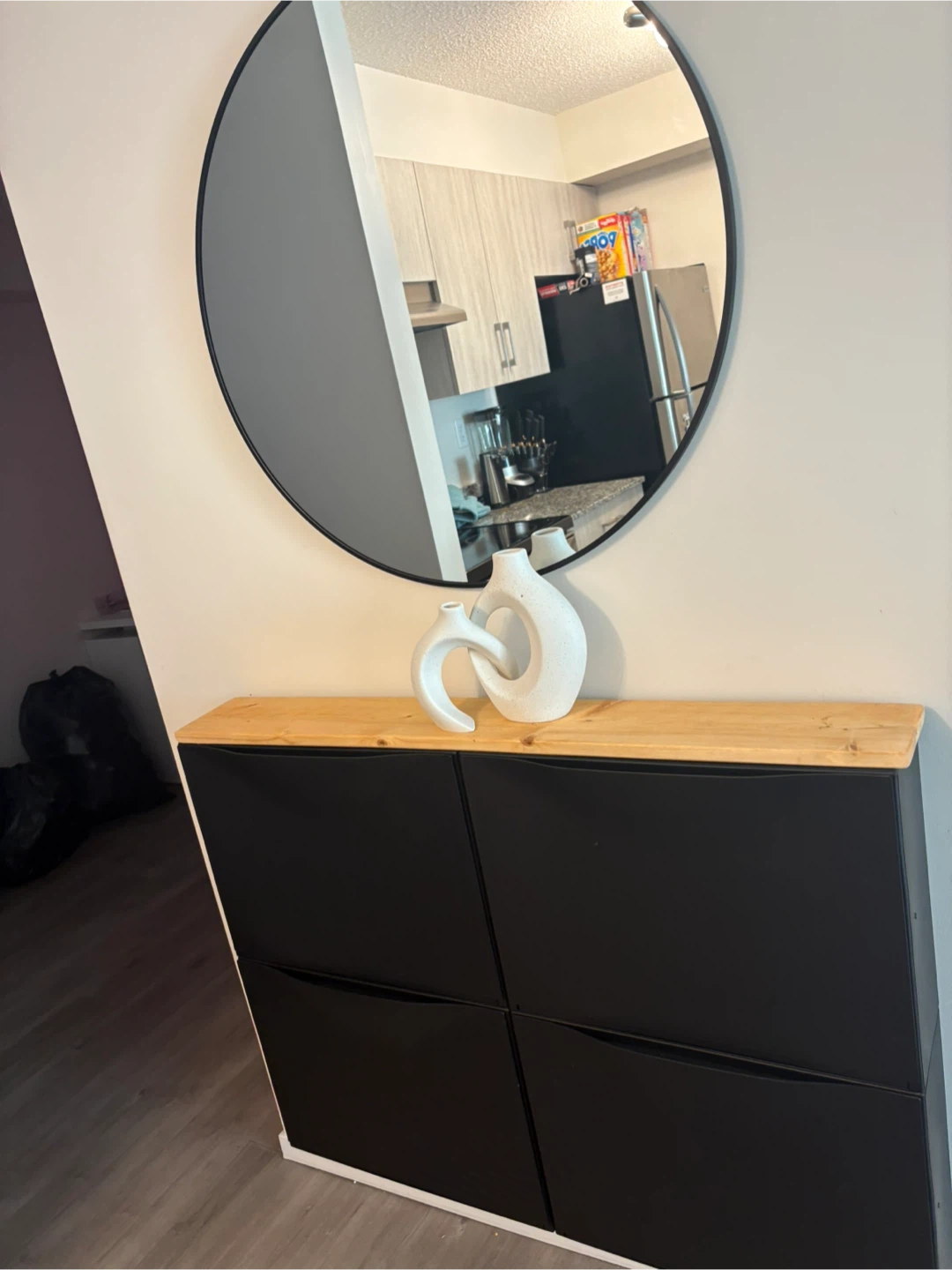 Black Shoe Cabinet with Wood Top and Mirror