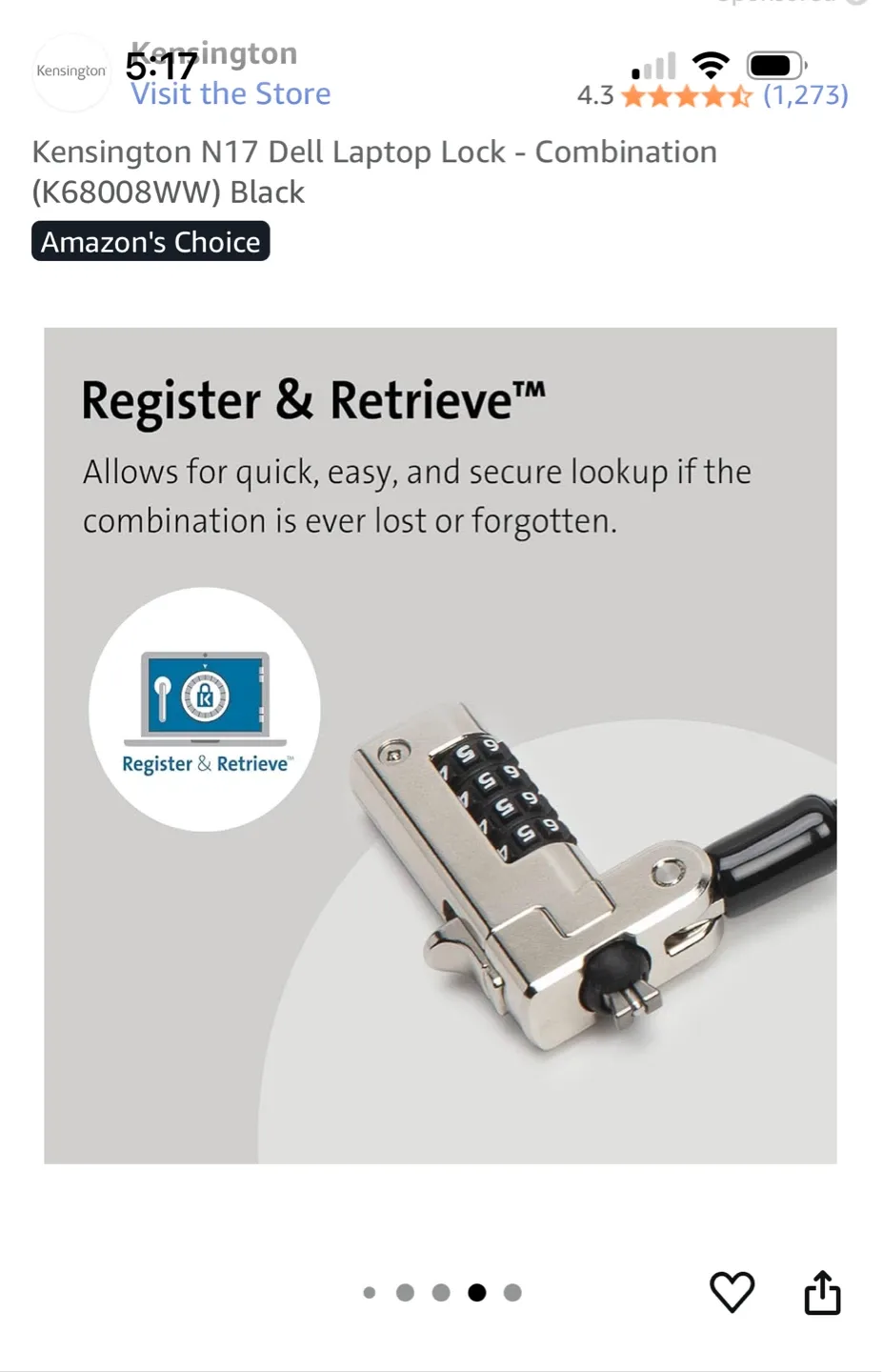 Brand New Kensington N17 Combination Laptop Lock image indicator(10)