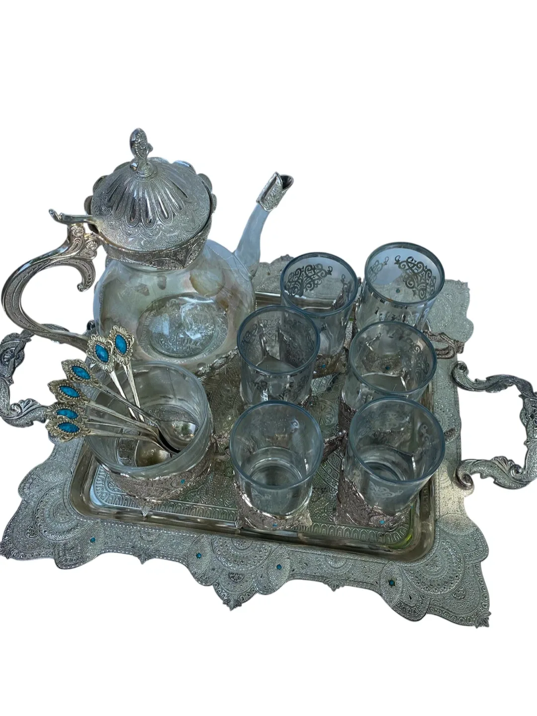 Vintage Silver Plated Tea Set with Turquoise Accents image indicator(2)