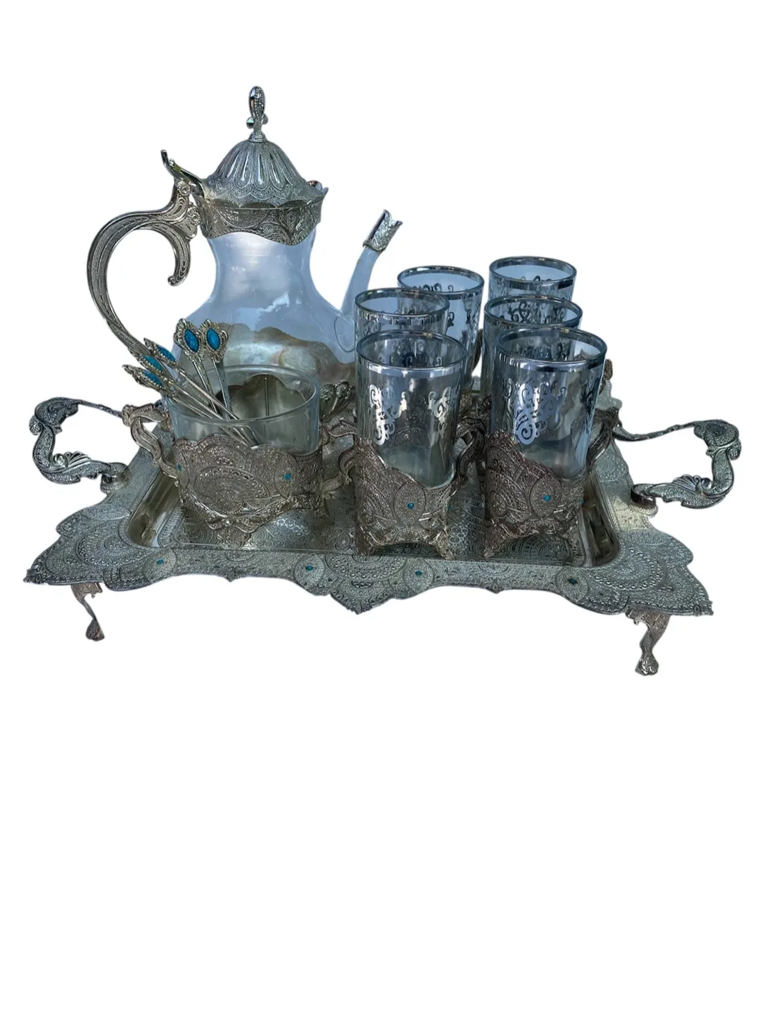 Vintage Silver Plated Tea Set with Turquoise Accents thumbnail