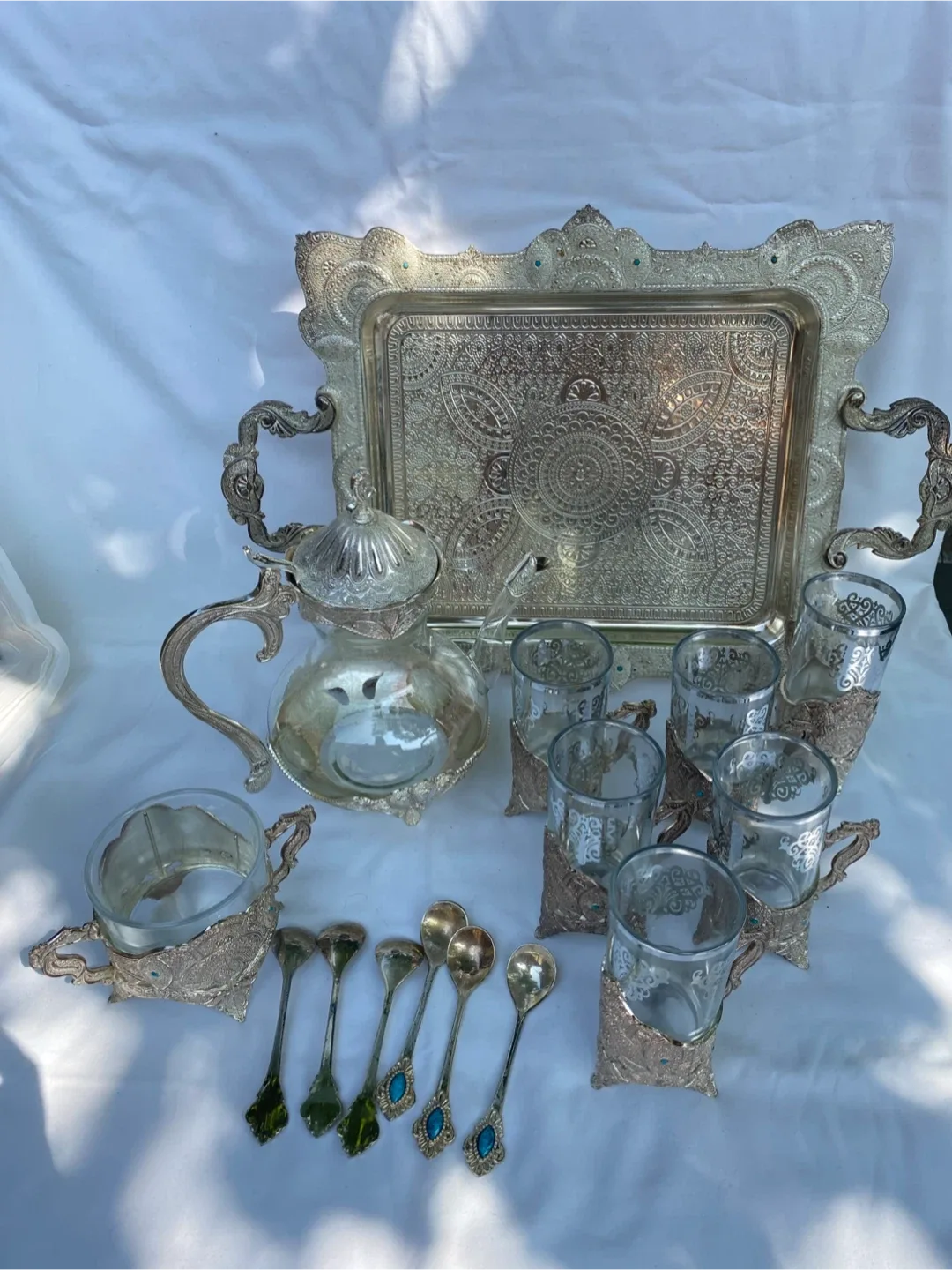 Vintage Silver Plated Tea Set with Turquoise Accents image indicator(3)