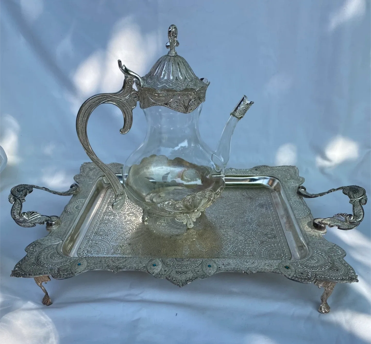 Vintage Silver Plated Tea Set with Turquoise Accents image indicator(4)