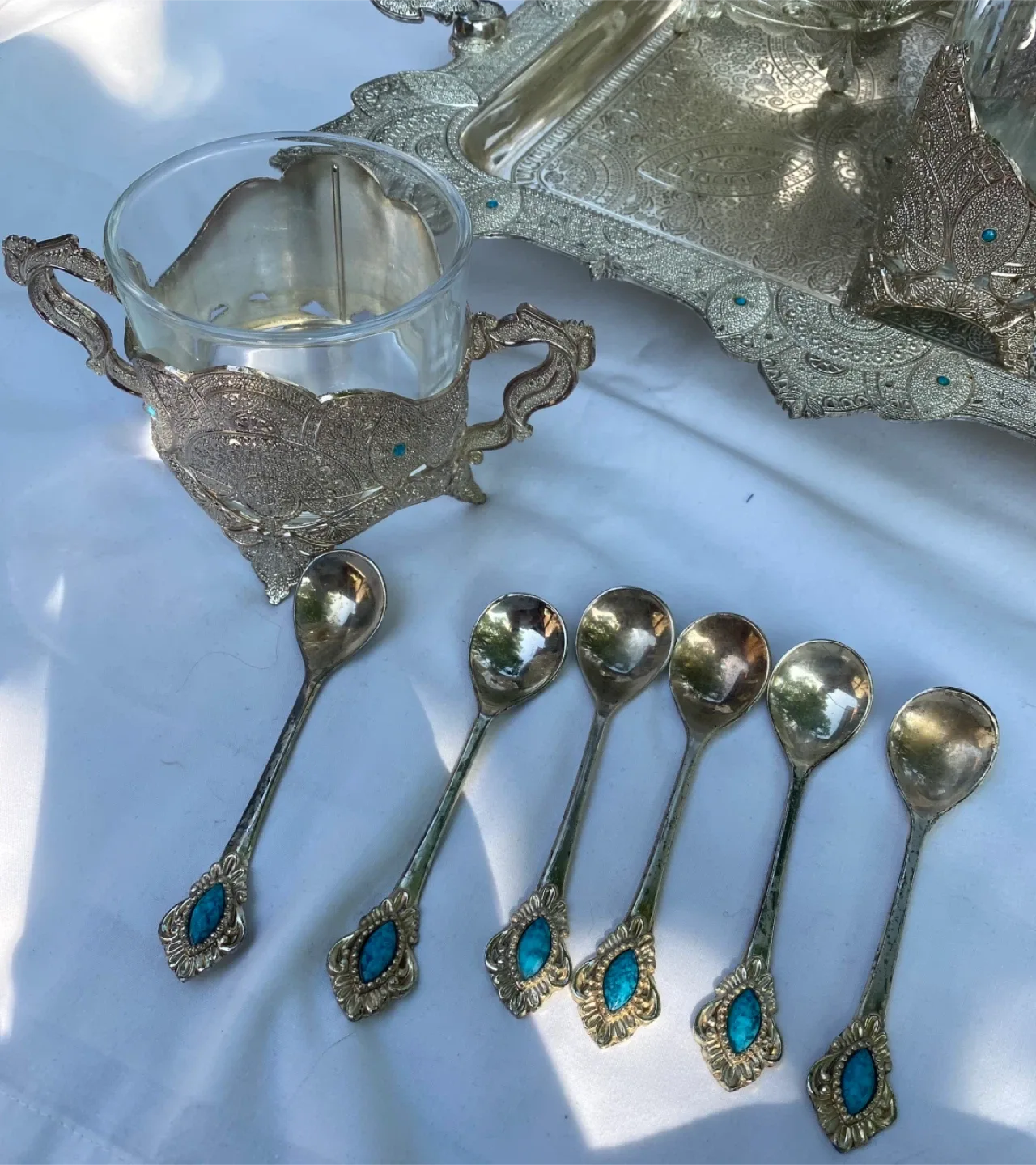 Vintage Silver Plated Tea Set with Turquoise Accents image indicator(5)