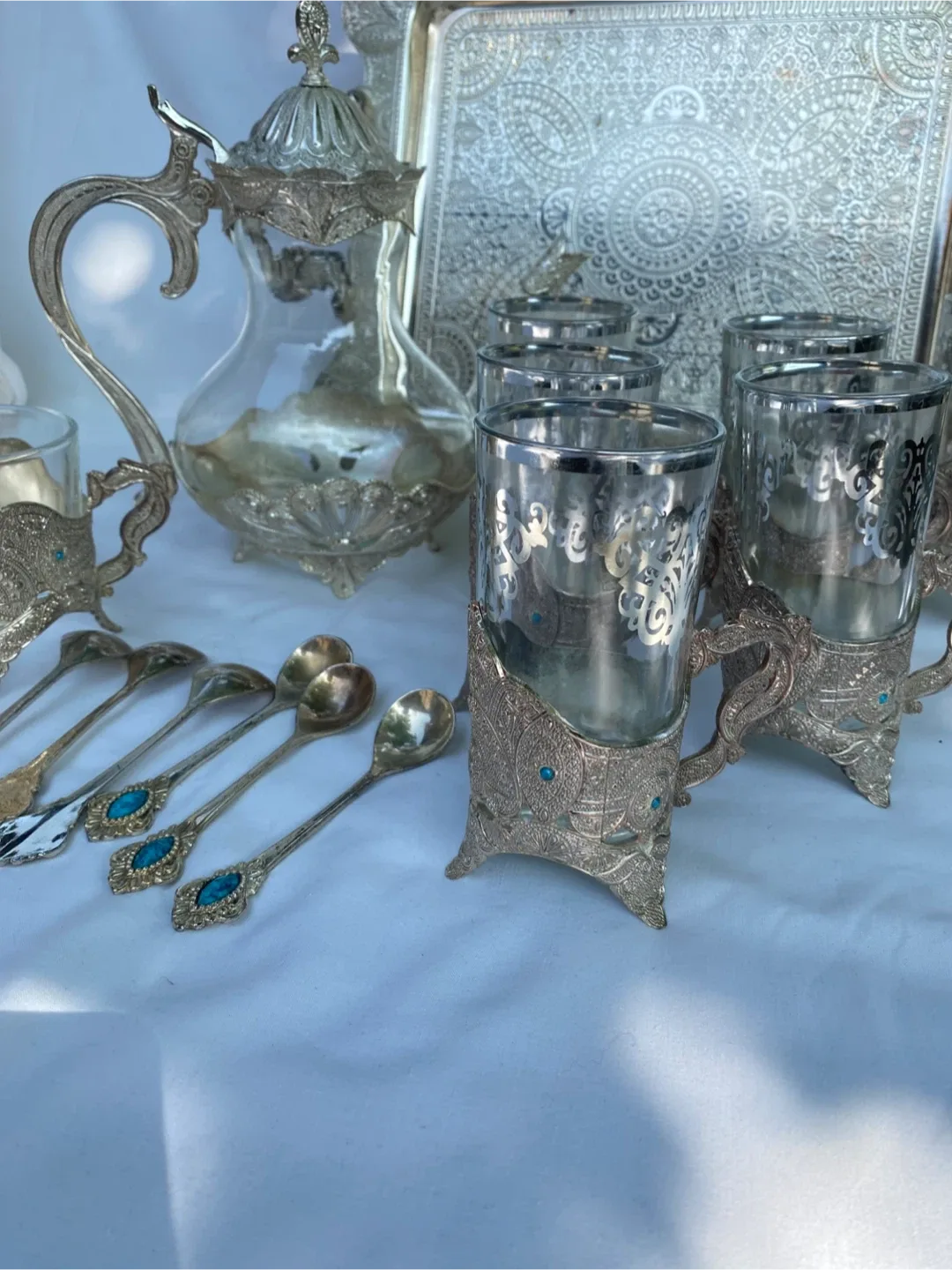 Vintage Silver Plated Tea Set with Turquoise Accents image indicator(8)